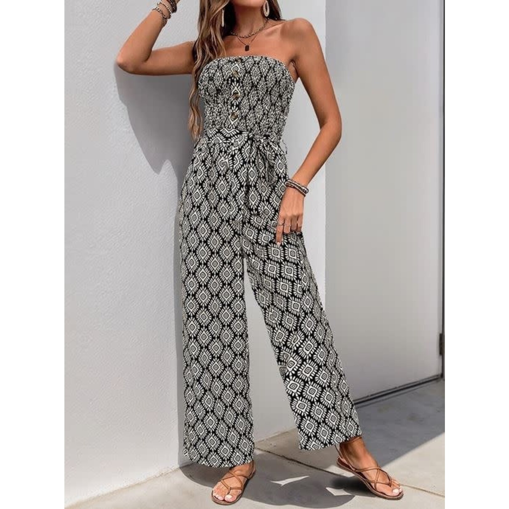 GGS Button Detail Printed Strapless Jumpsuit