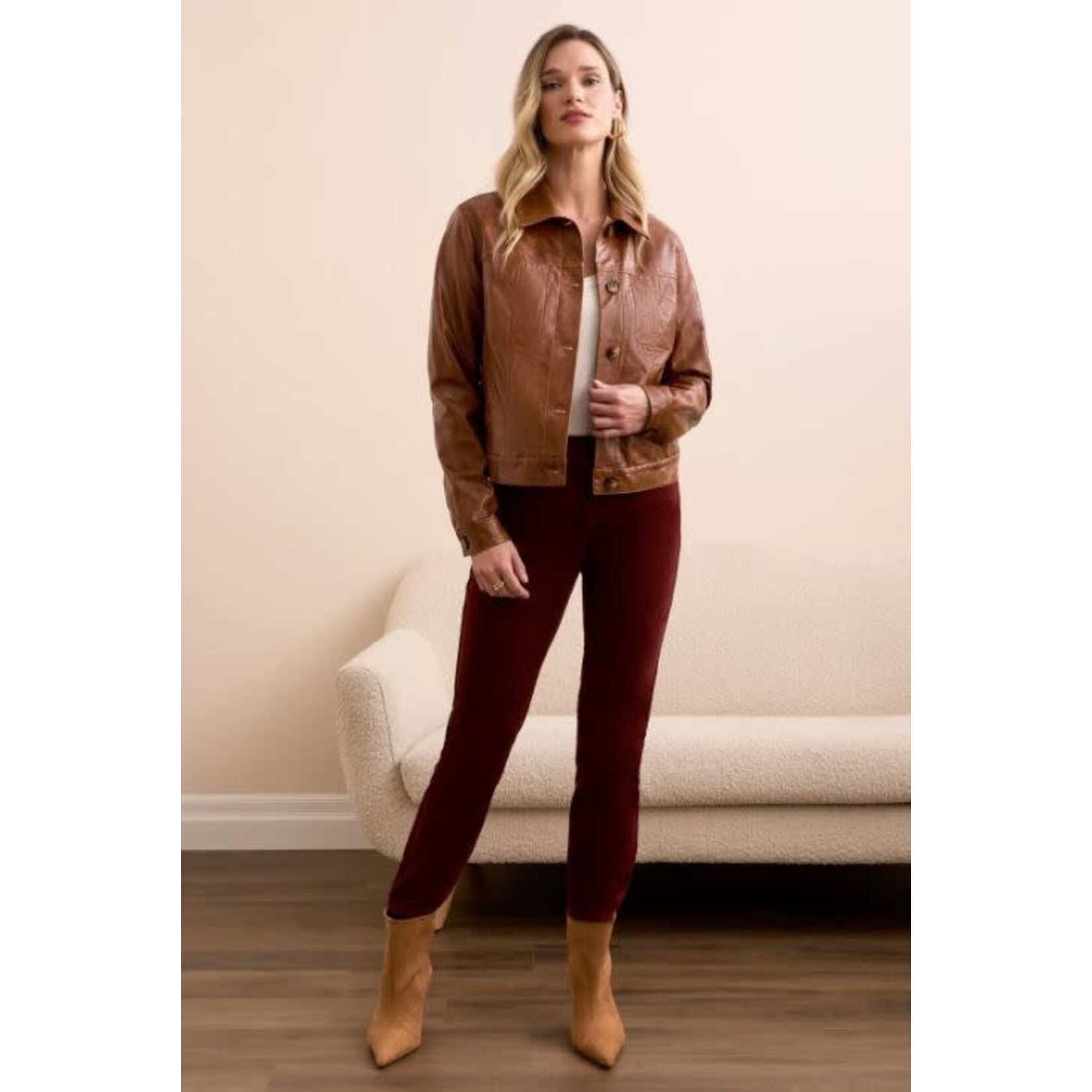 Tribal Faux Leather Collared Jacket