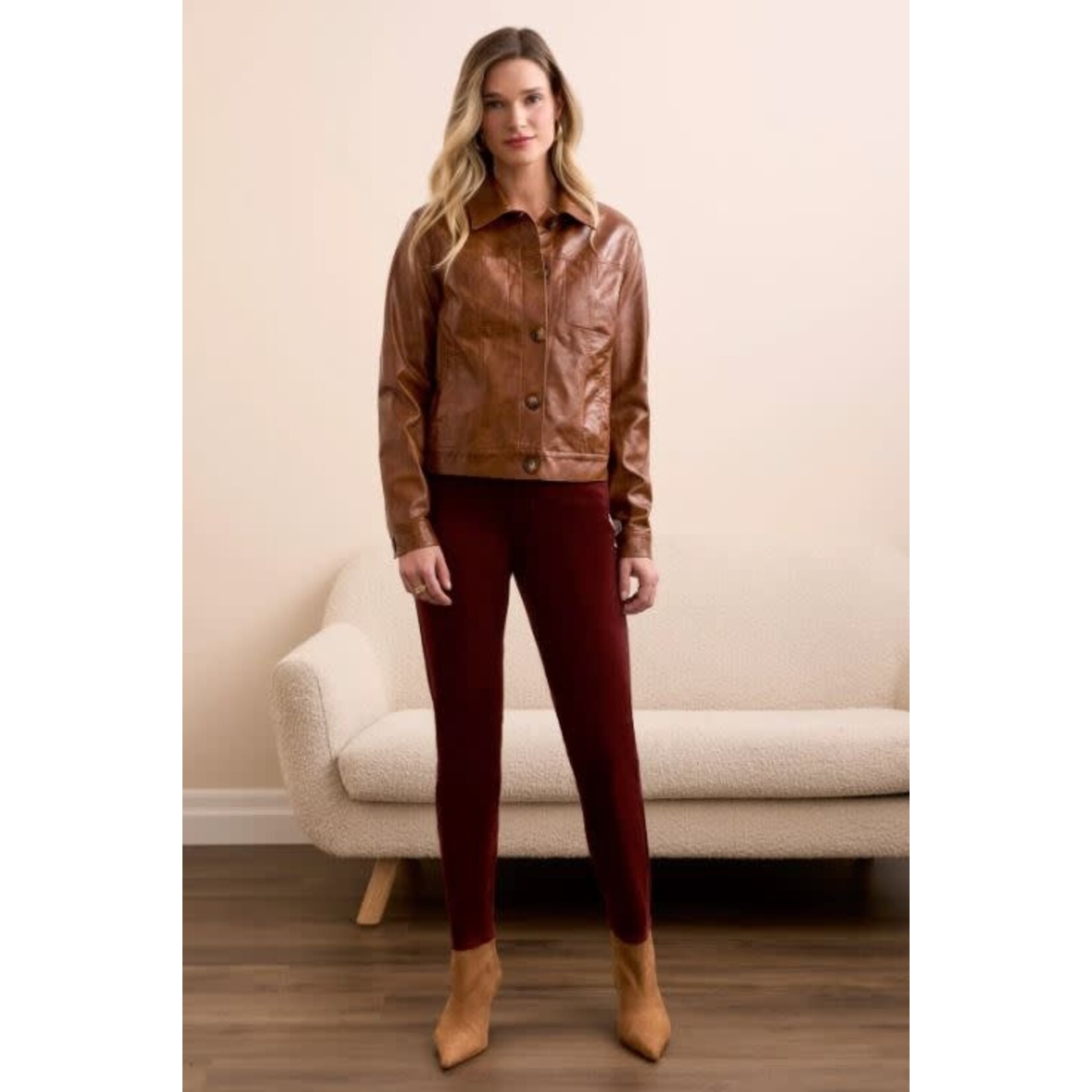 Tribal Faux Leather Collared Jacket