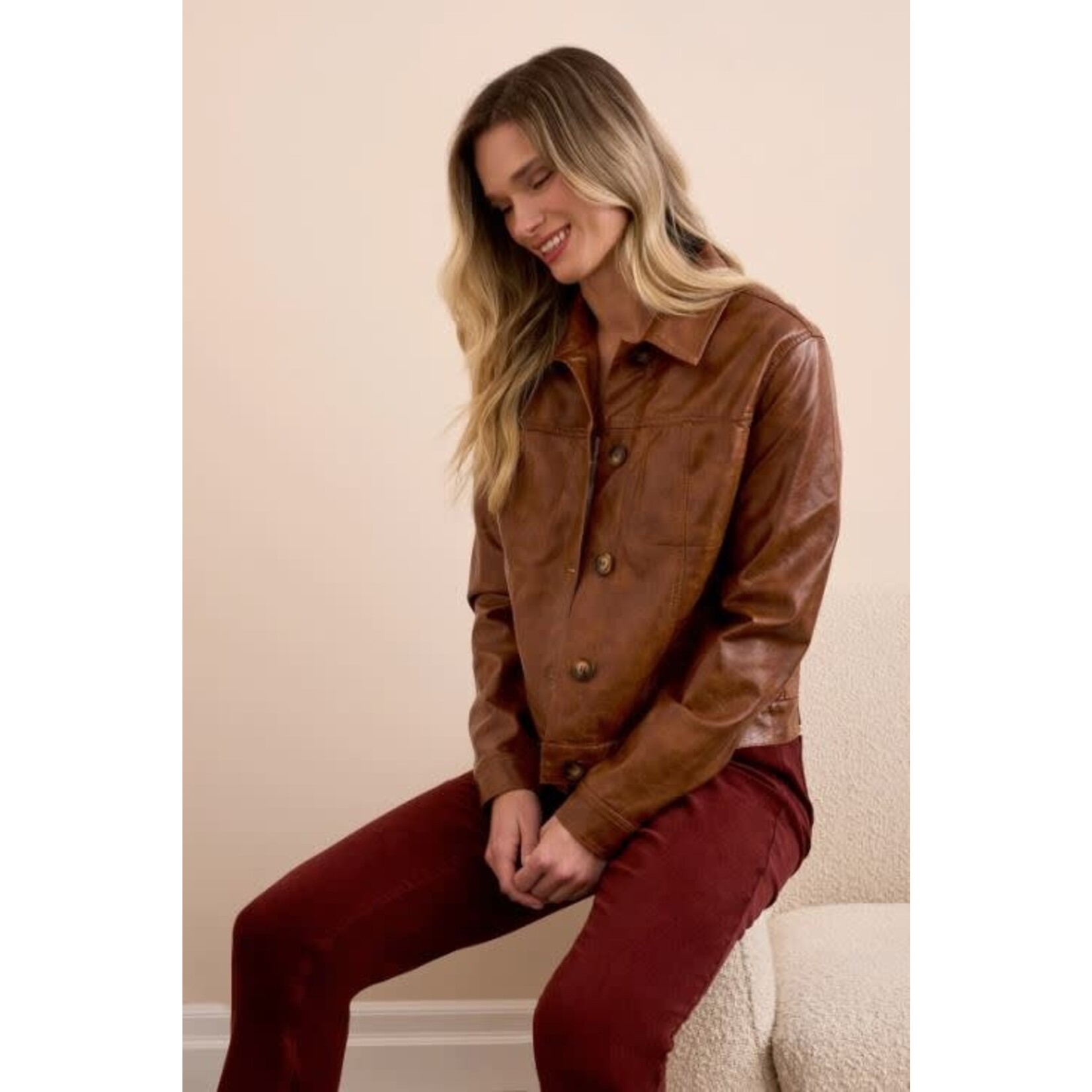 Tribal Faux Leather Collared Jacket