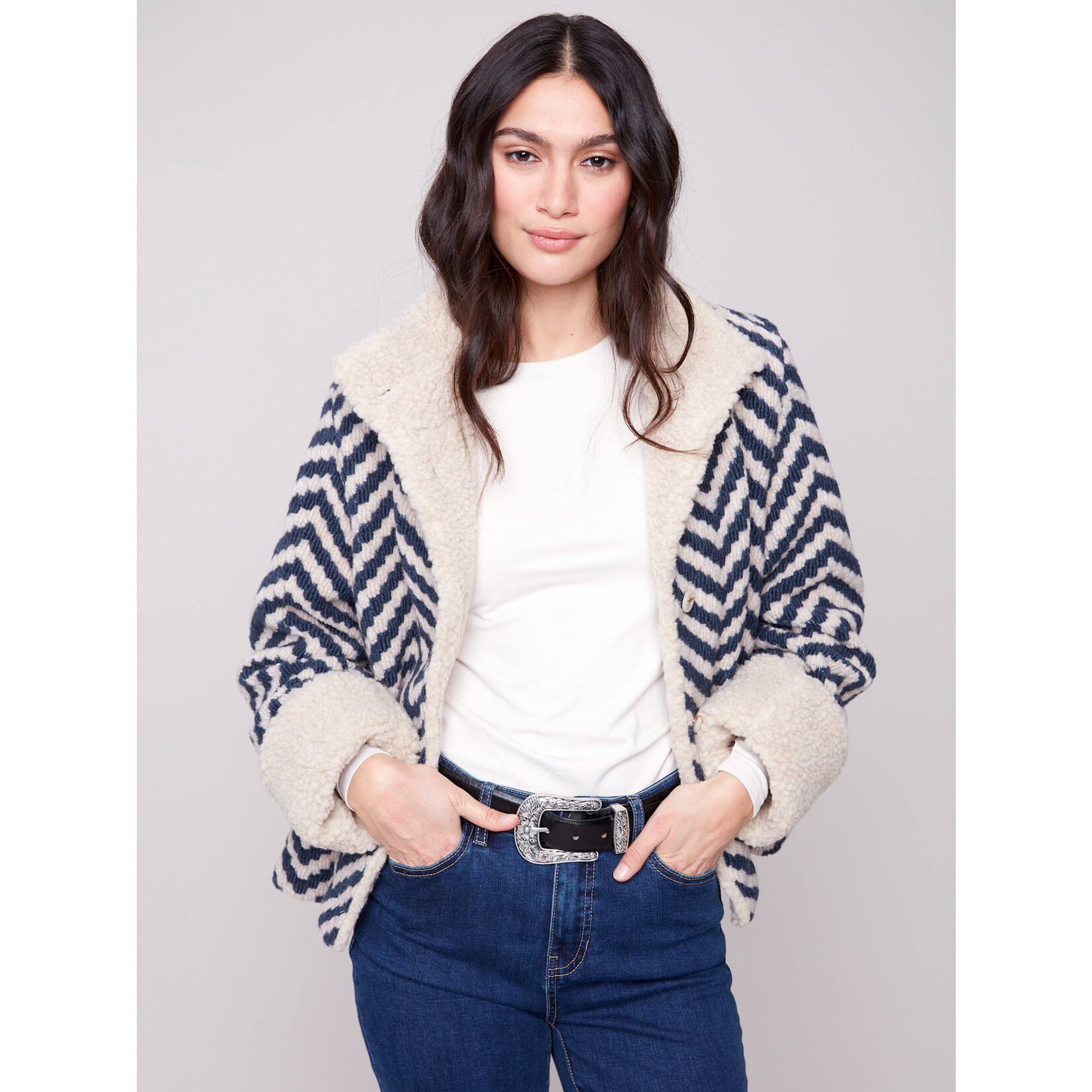 Charlie B Chevron Boucle Sherpa Trim Jacket