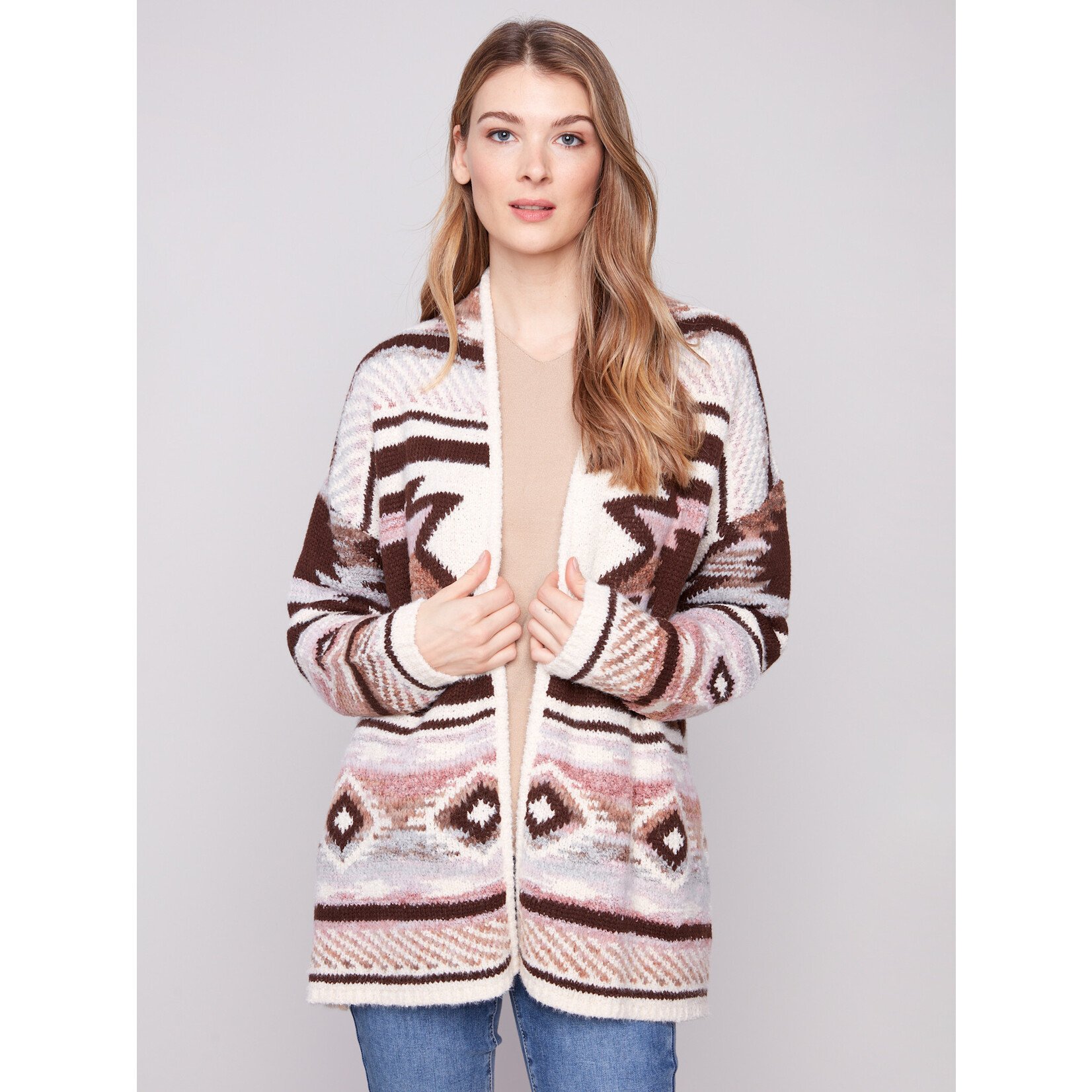 Charlie B Jacquard Cardigan With Patch Pockets