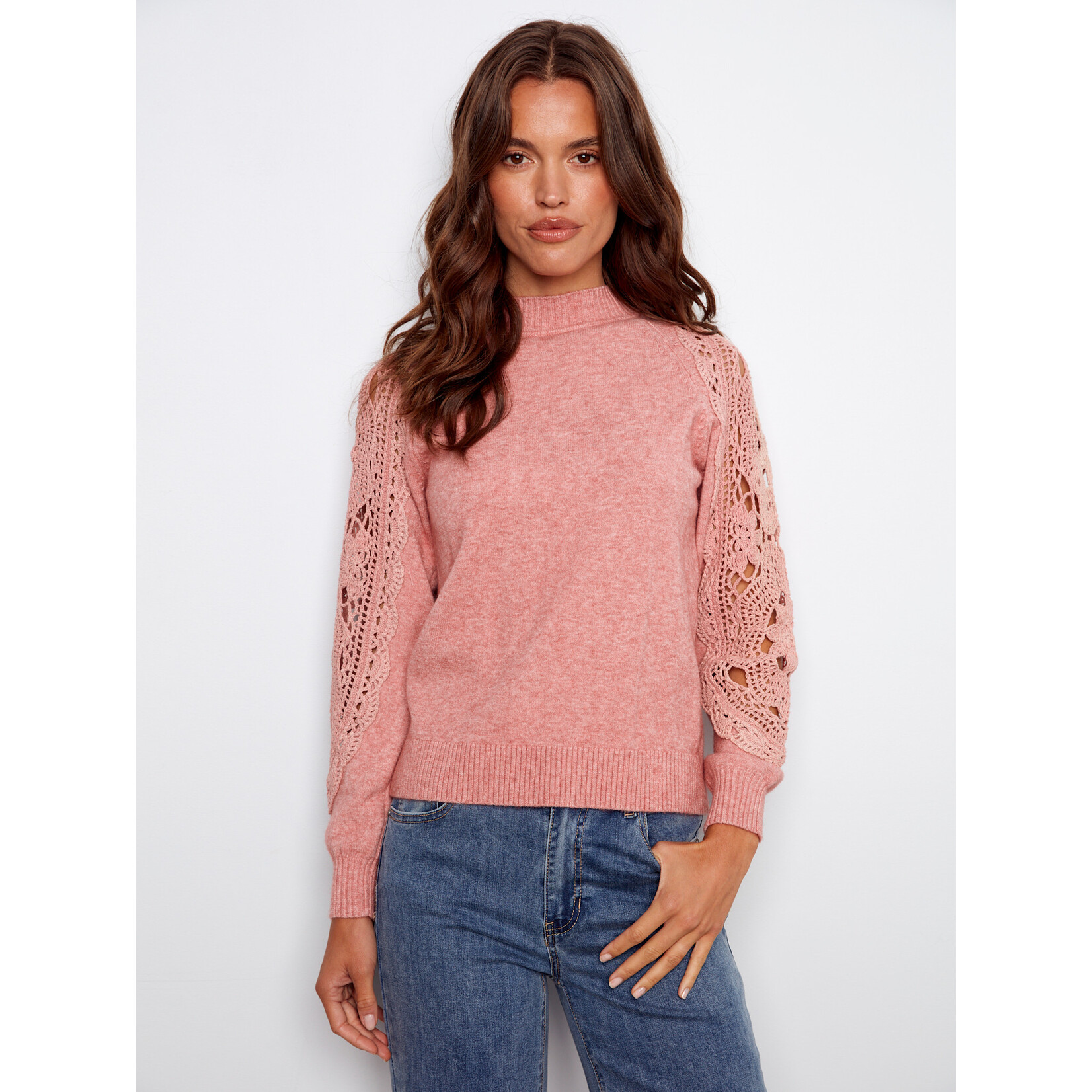 Charlie B Crochet Sleeve Mock Neck Sweater