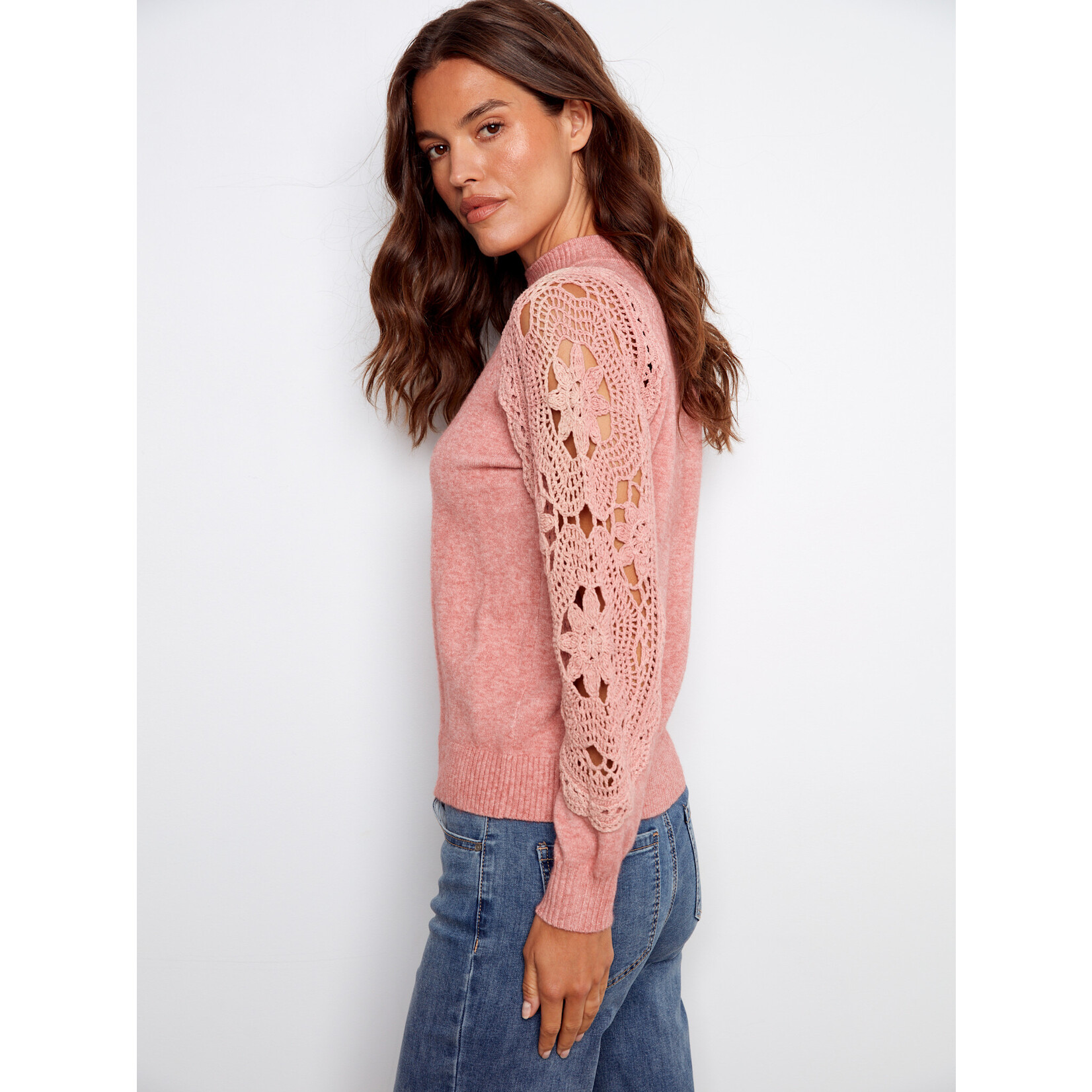 Charlie B Crochet Sleeve Mock Neck Sweater