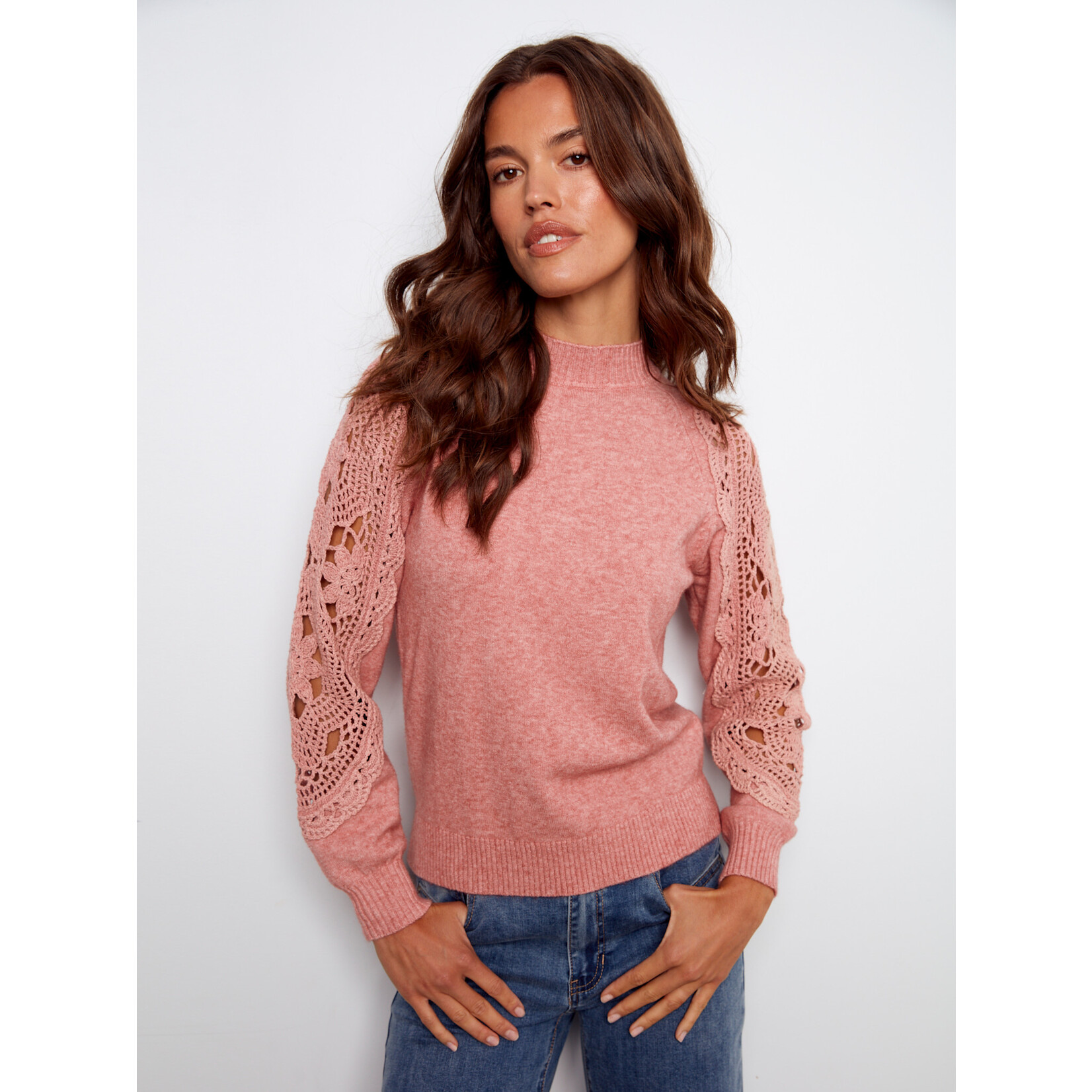 Charlie B Crochet Sleeve Mock Neck Sweater