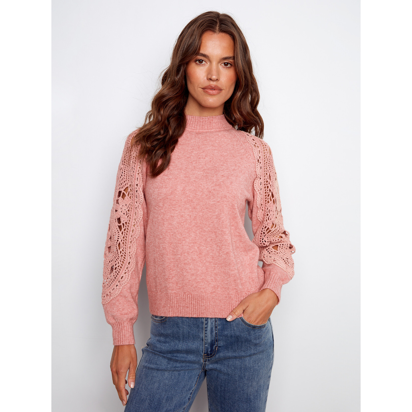 Charlie B Crochet Sleeve Mock Neck Sweater