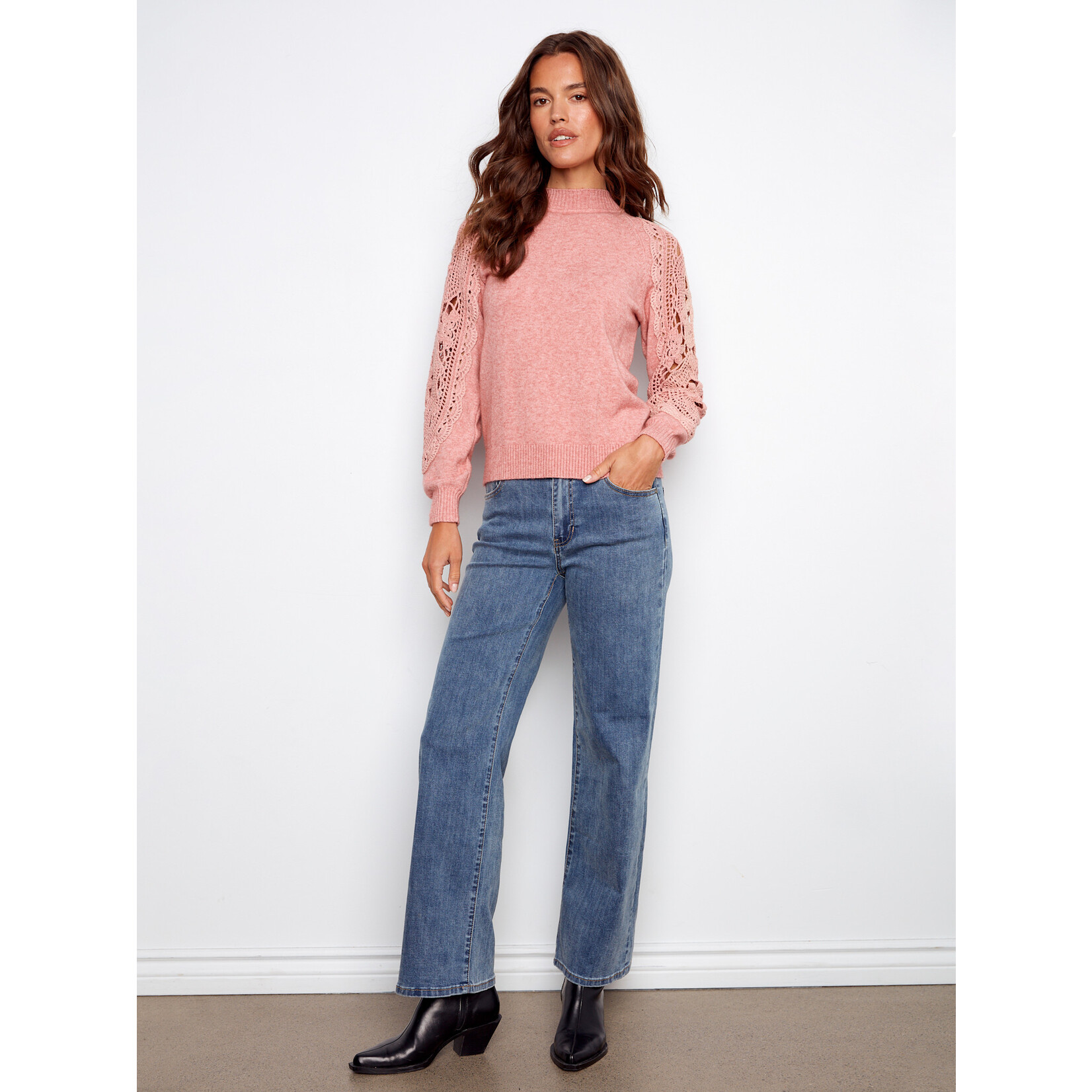 Charlie B Crochet Sleeve Mock Neck Sweater