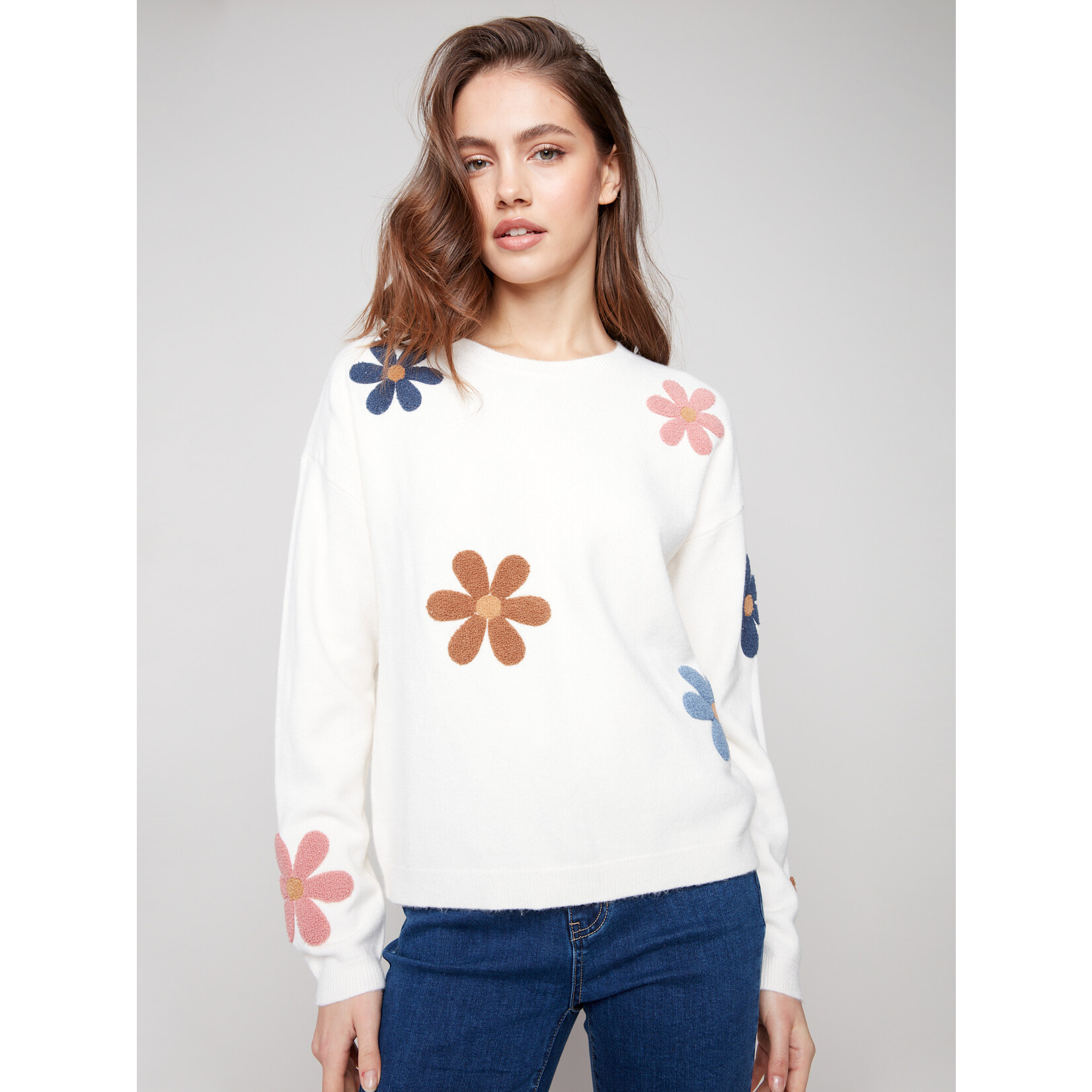 Charlie B Super Plush Sweater With Boucle Flowers
