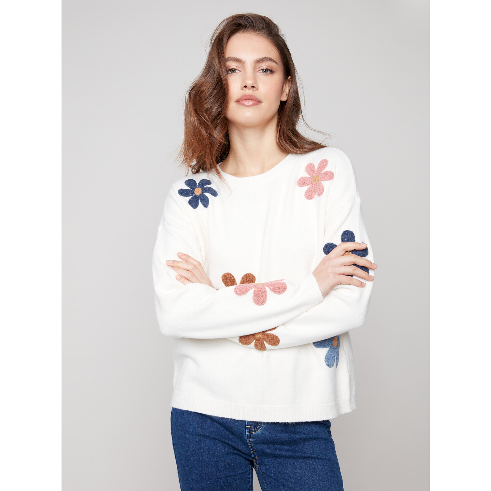 Charlie B Super Plush Sweater With Boucle Flowers