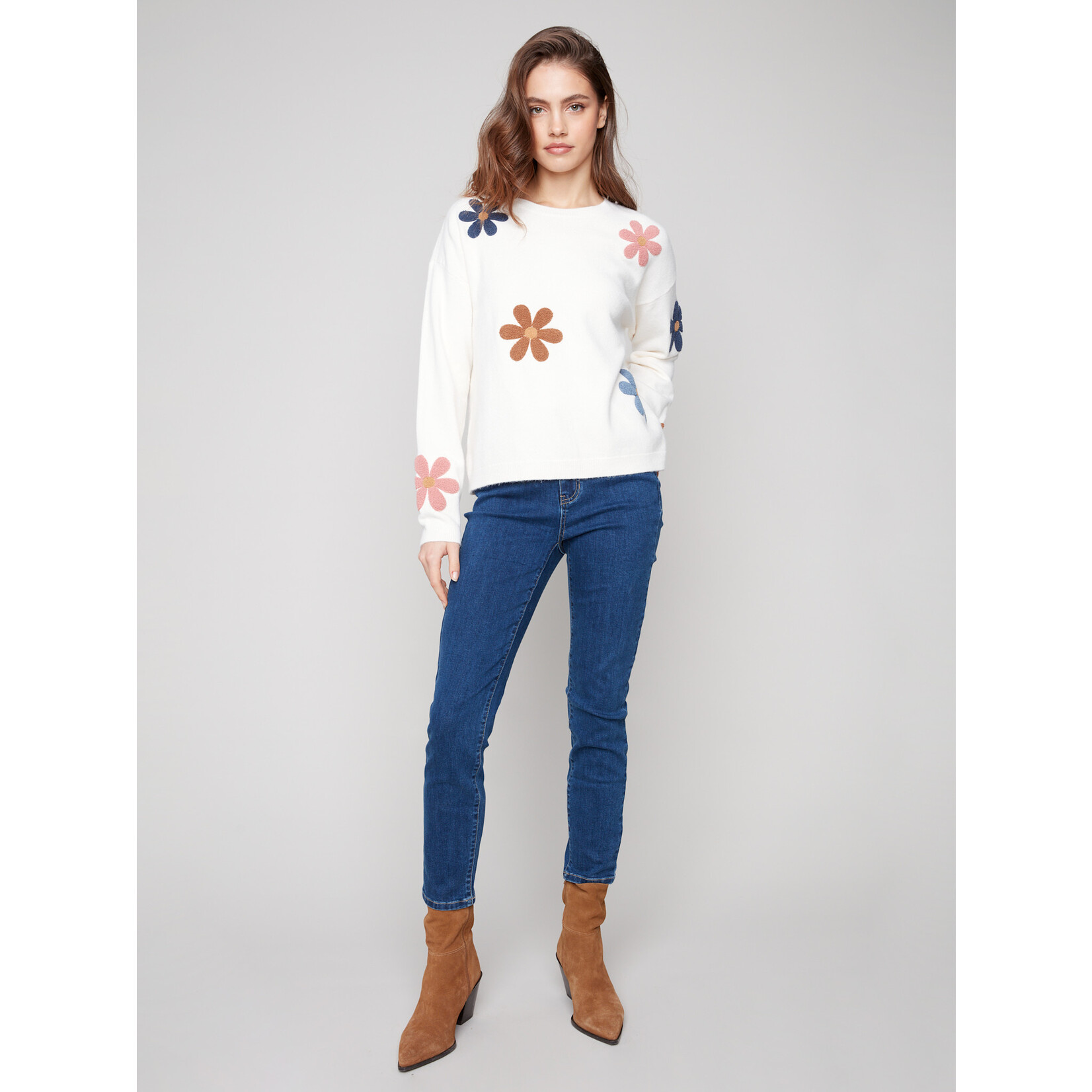Charlie B Super Plush Sweater With Boucle Flowers