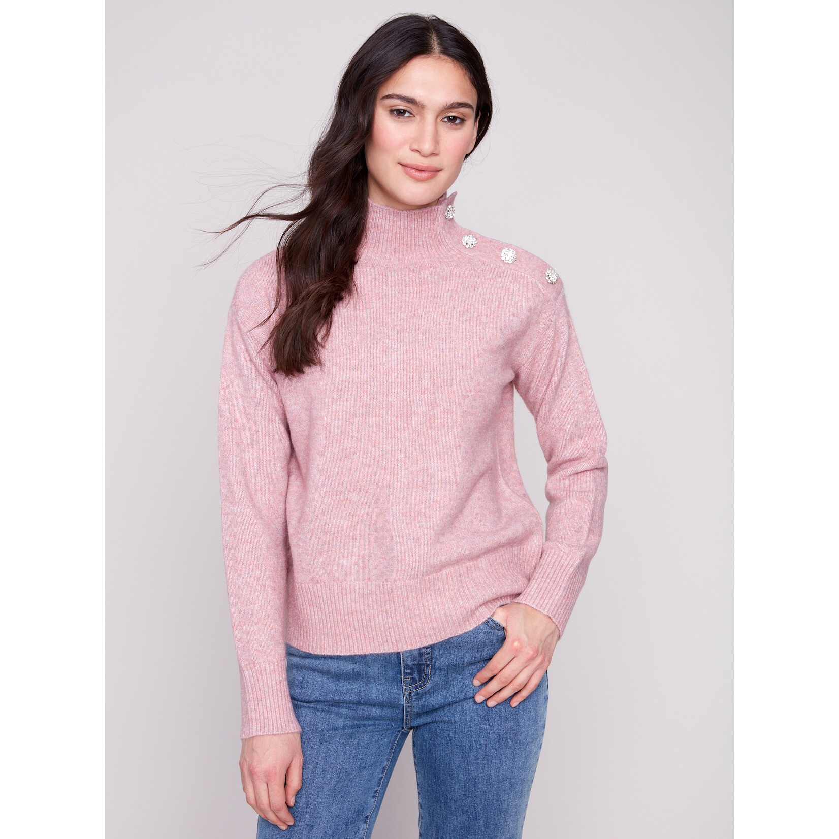 Charlie B Mock Neck Sweater With Fancy Button Detail