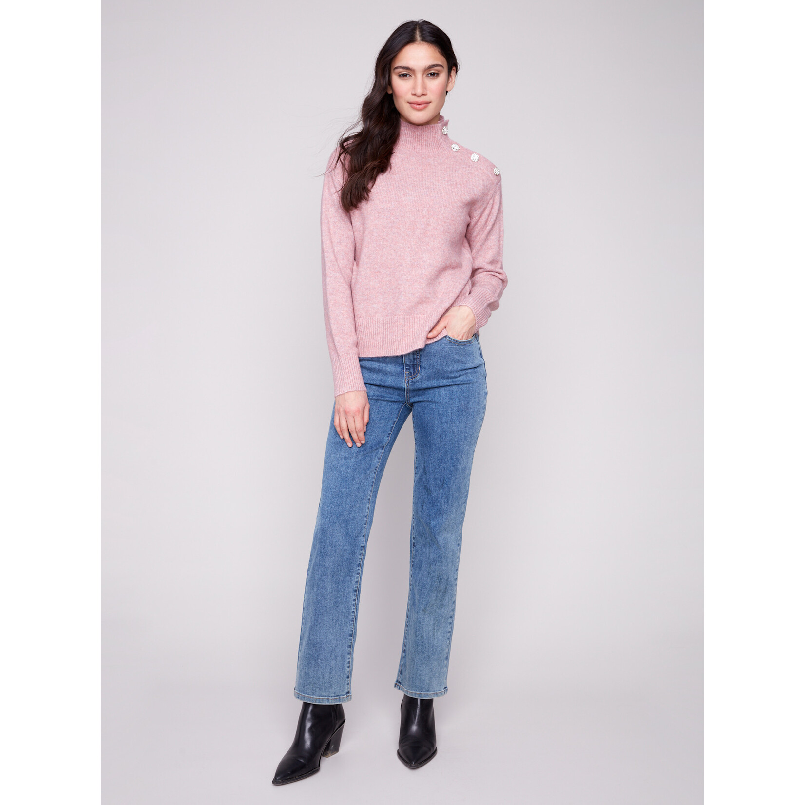 Charlie B Mock Neck Sweater With Fancy Button Detail