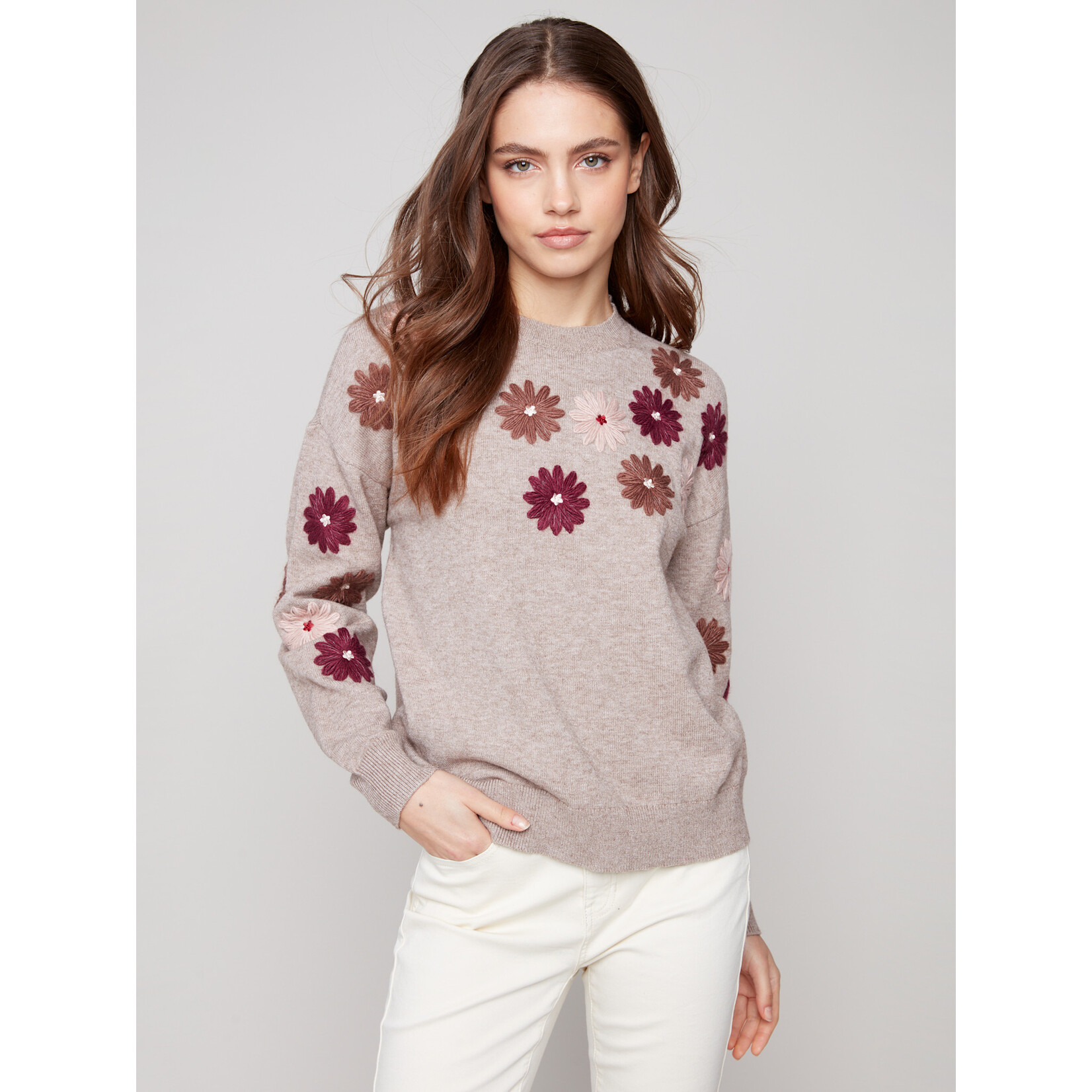Charlie B Floral Embroidery Crew Neck Sweater