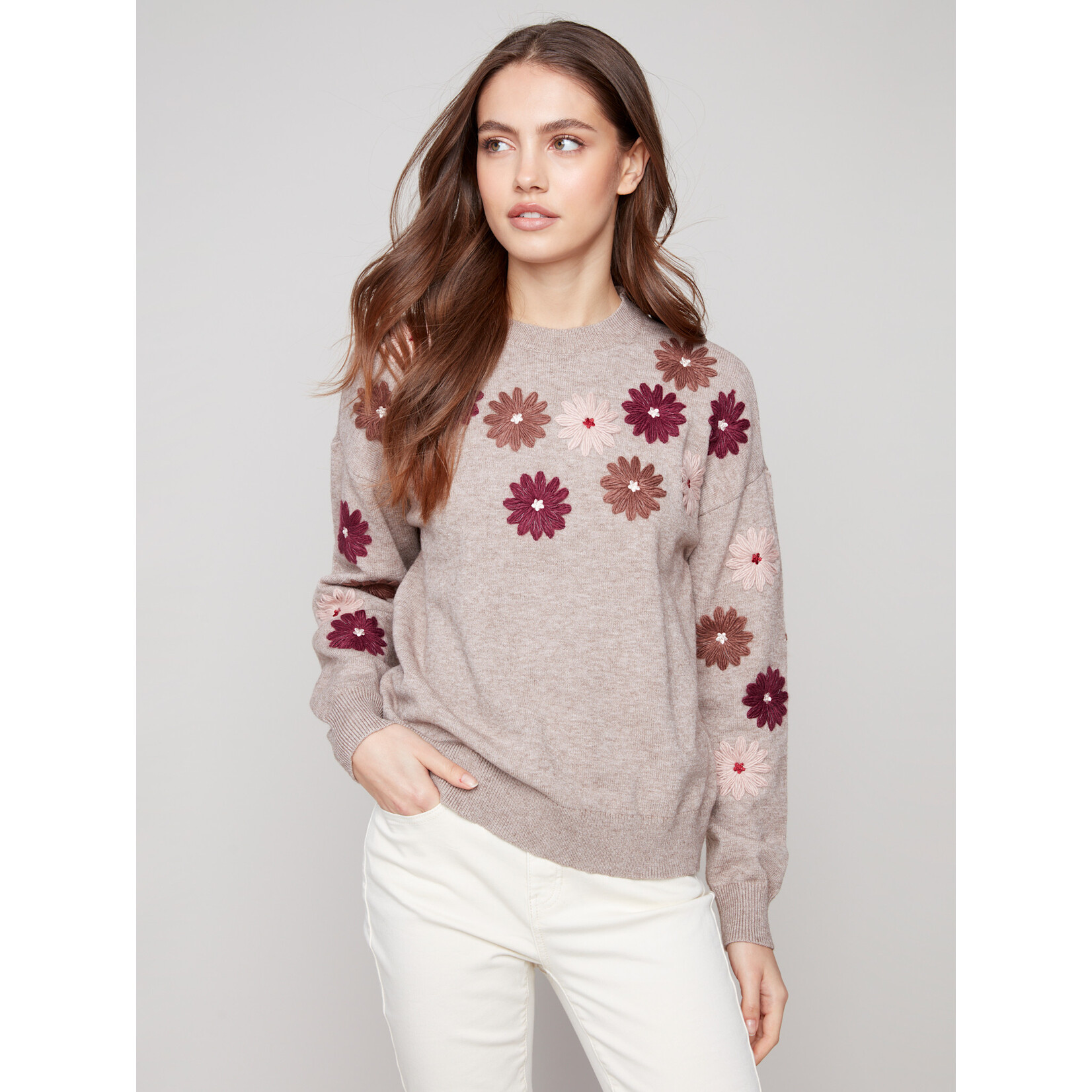 Charlie B Floral Embroidery Crew Neck Sweater