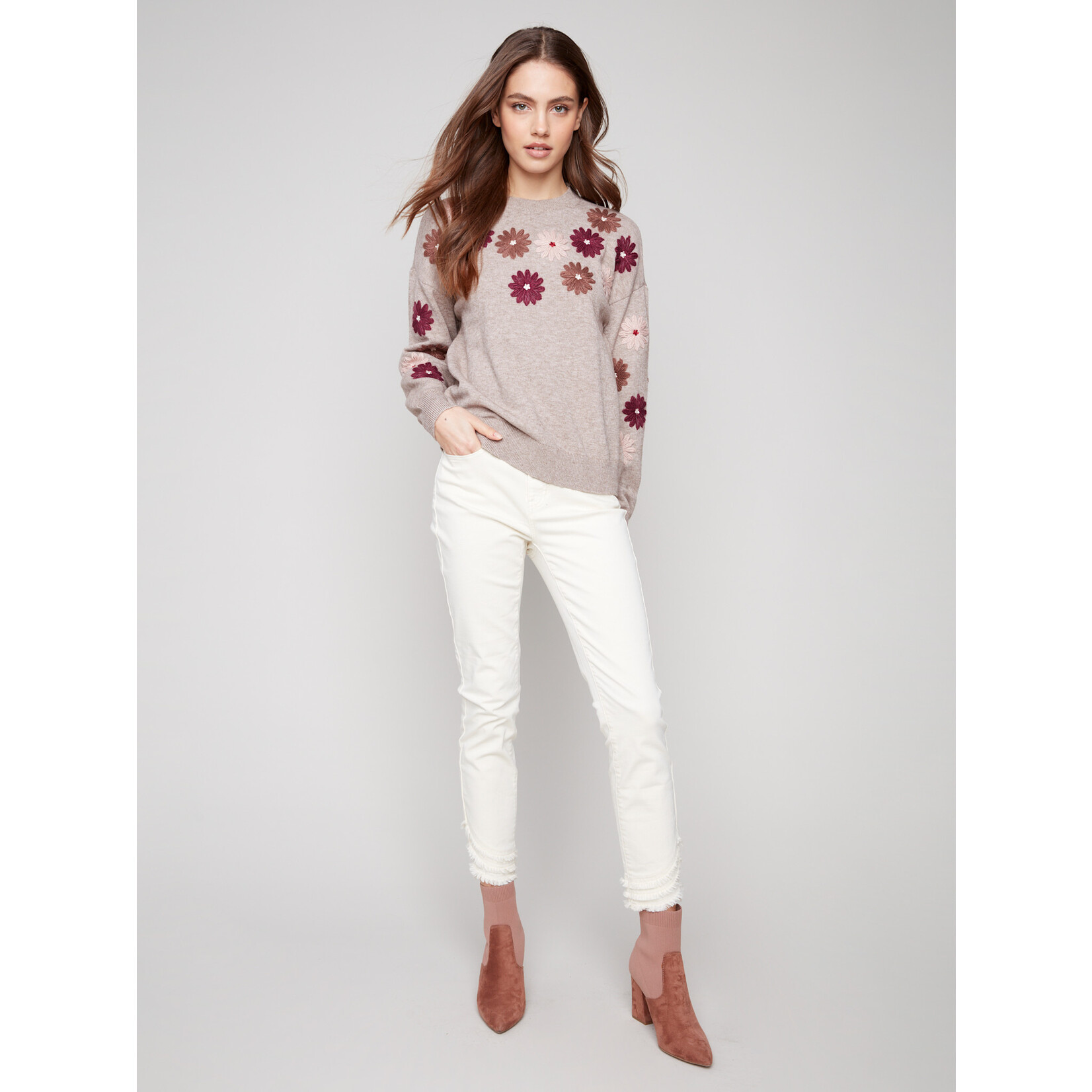 Charlie B Floral Embroidery Crew Neck Sweater
