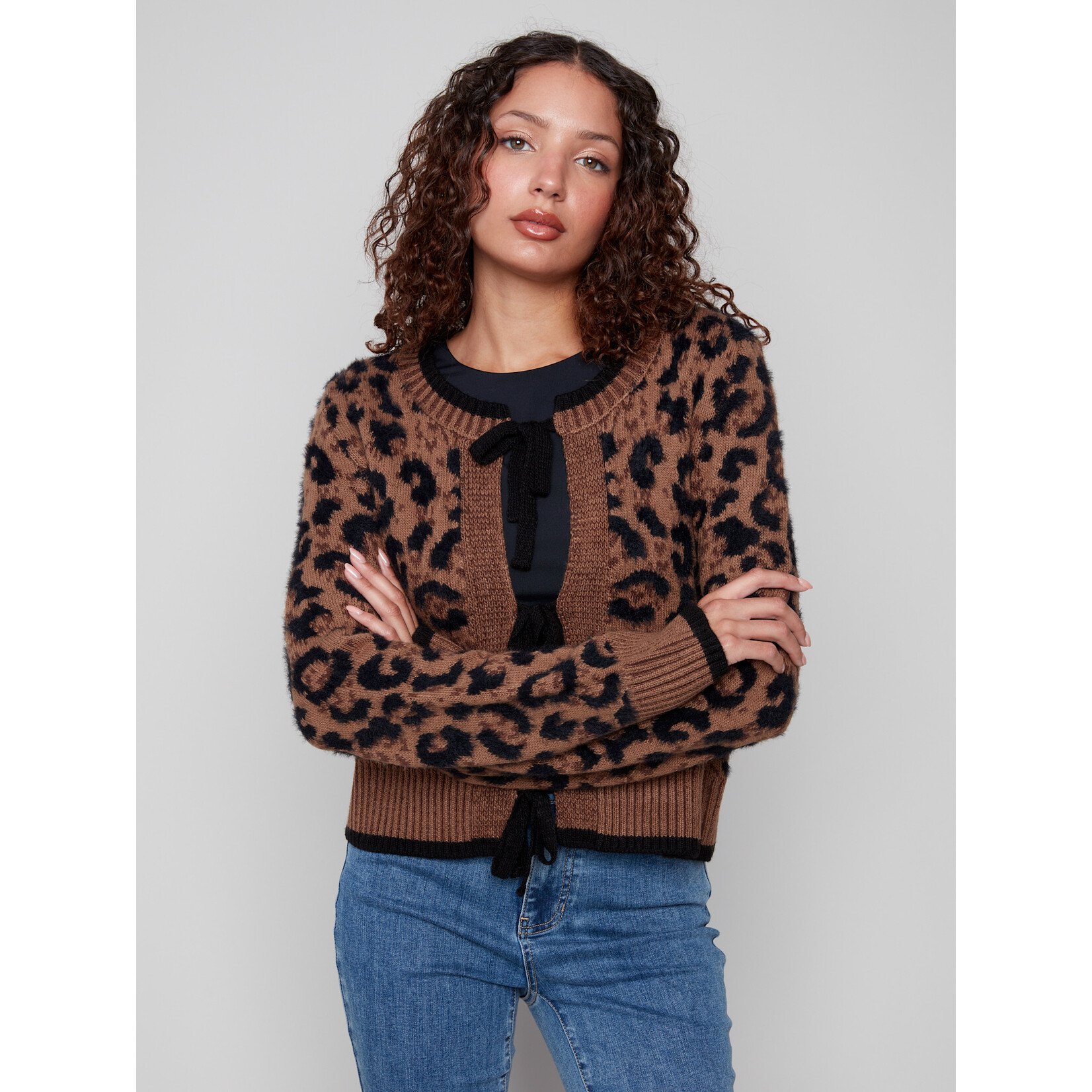 Charlie B Bow Tie Front Jacquard Cardigan
