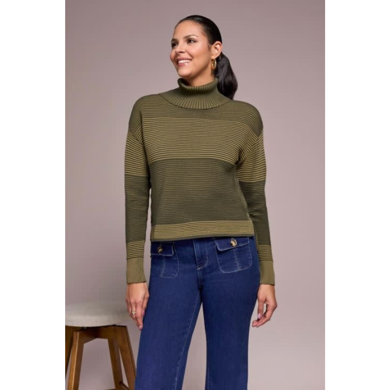 Tribal Turtleneck High Low Sweater With Side Slits