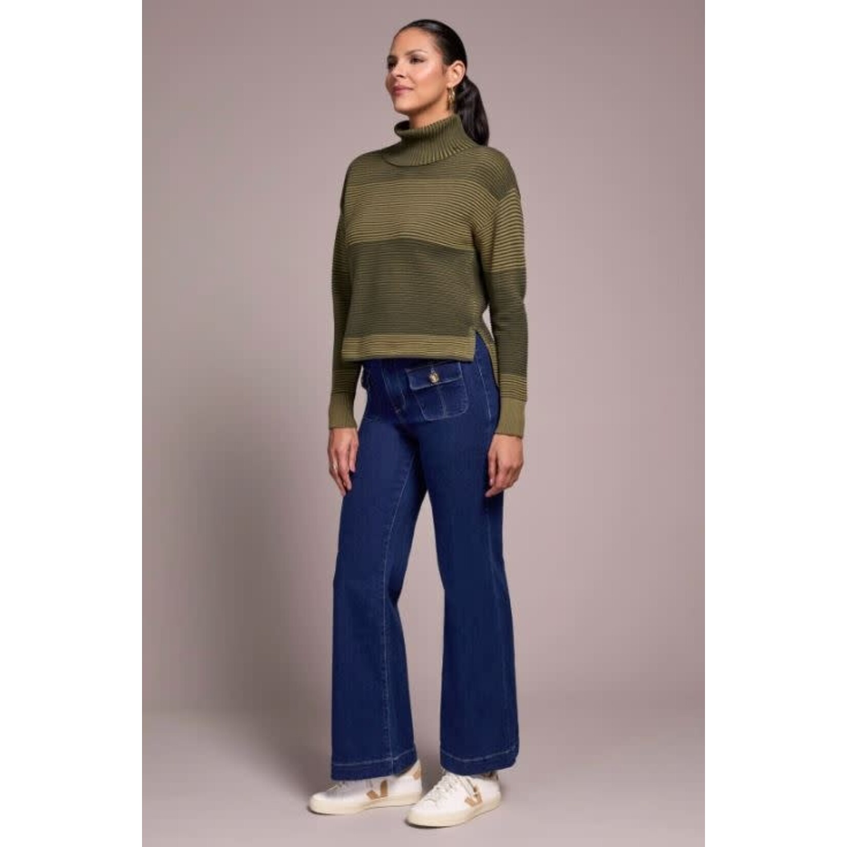 Tribal Turtleneck High Low Sweater With Side Slits