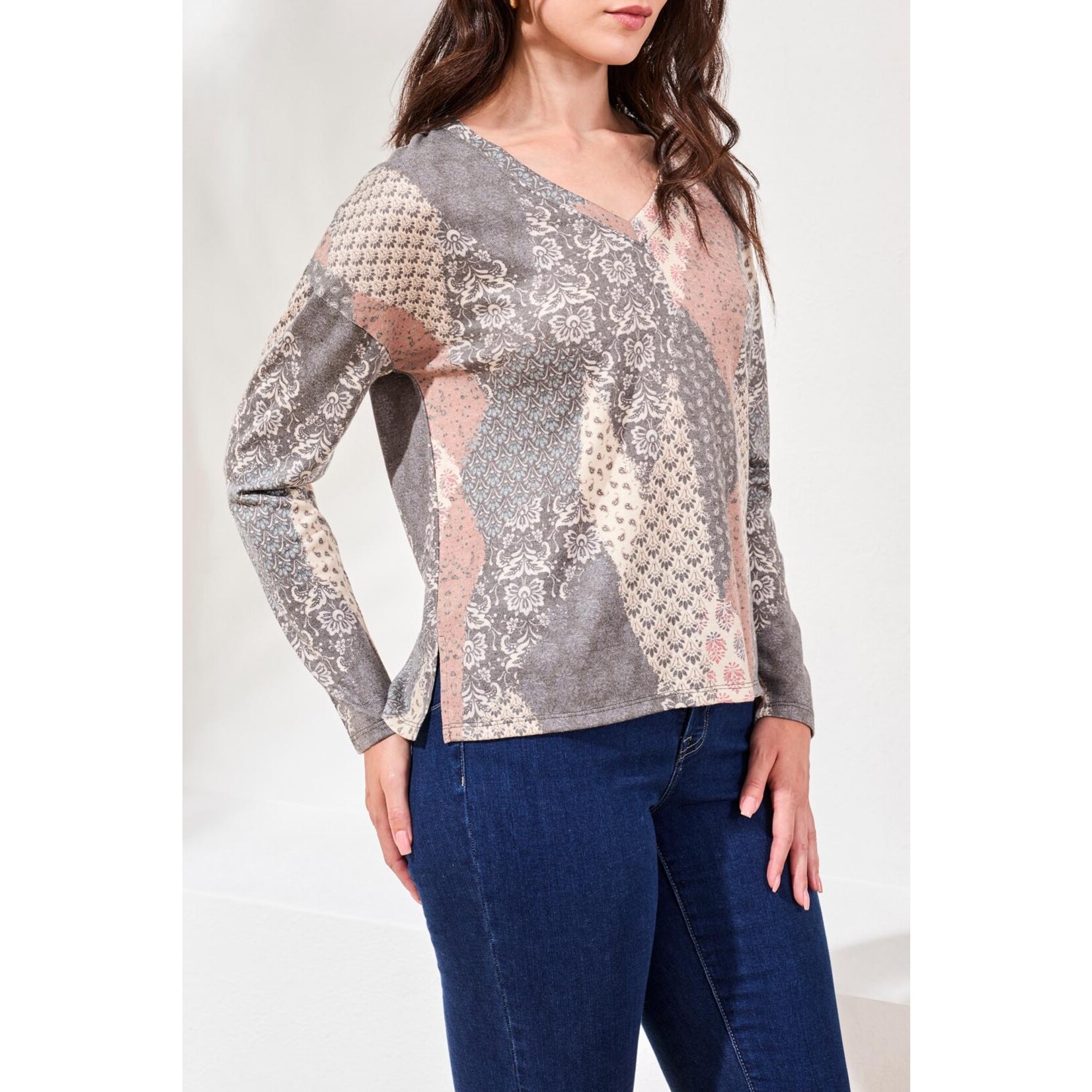 Tribal V-Neck Printed Soft Knit Top
