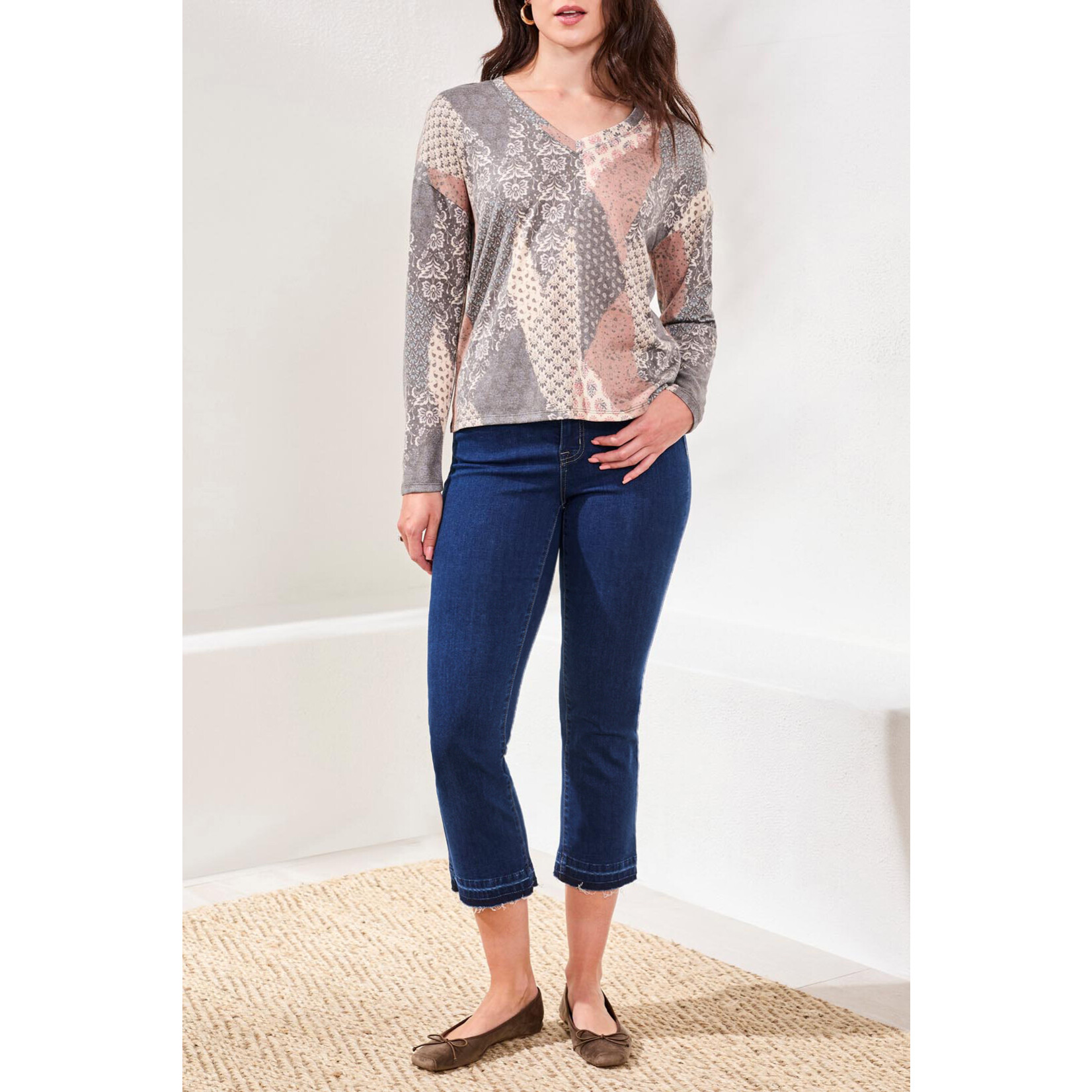 Tribal V-Neck Printed Soft Knit Top
