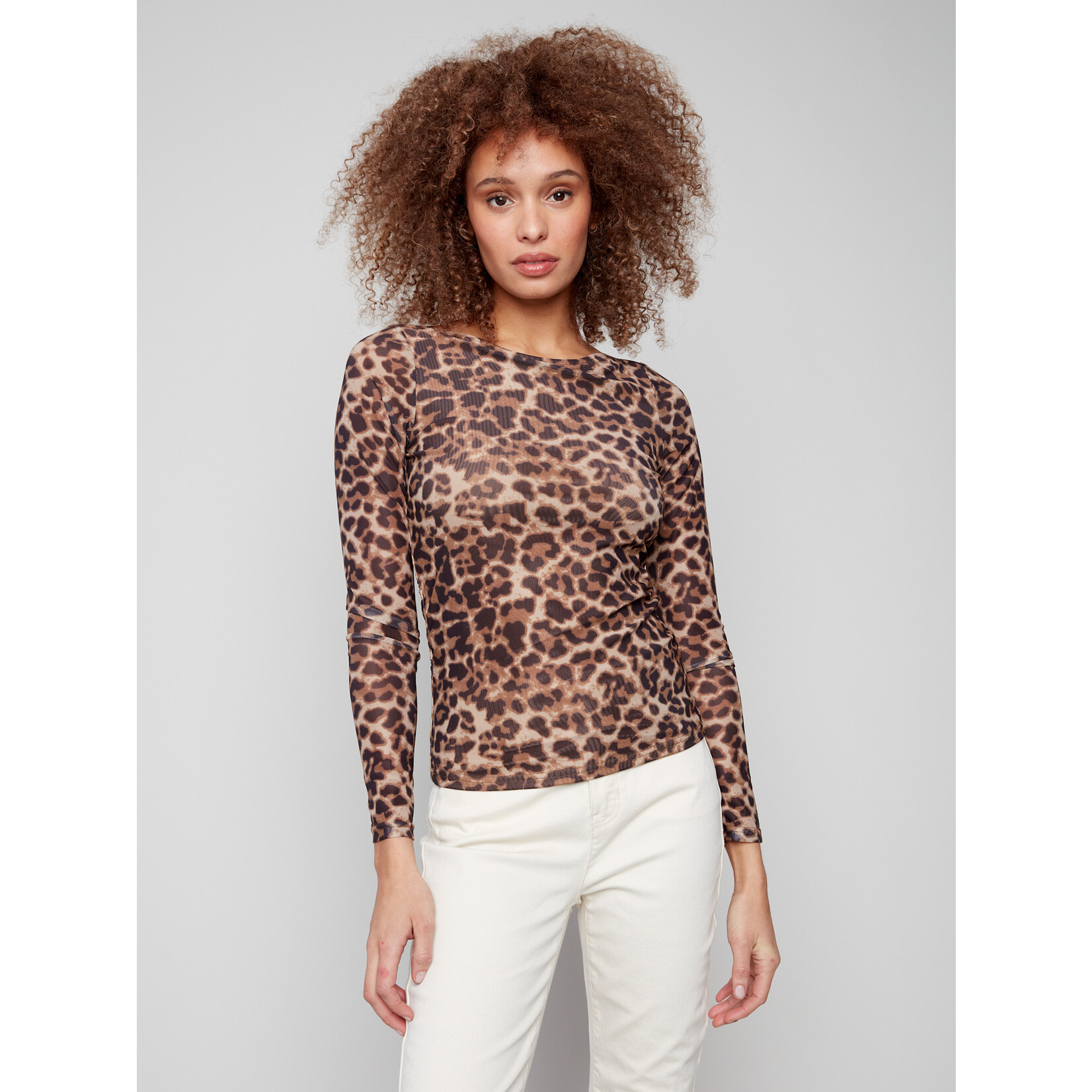 Charlie B Printed Ruched Mesh Top