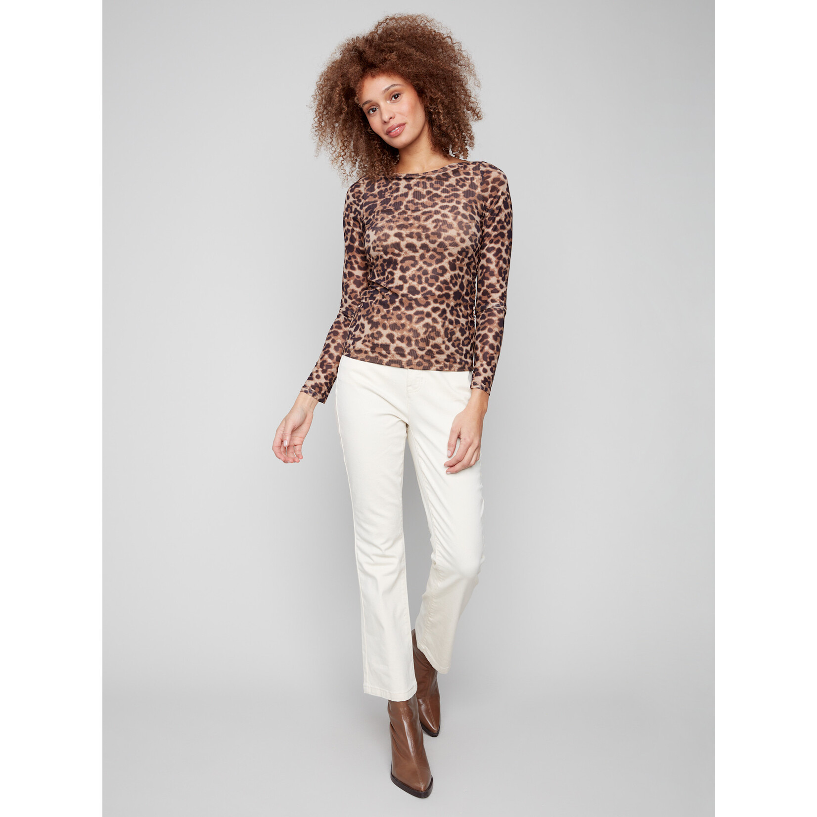 Charlie B Printed Ruched Mesh Top