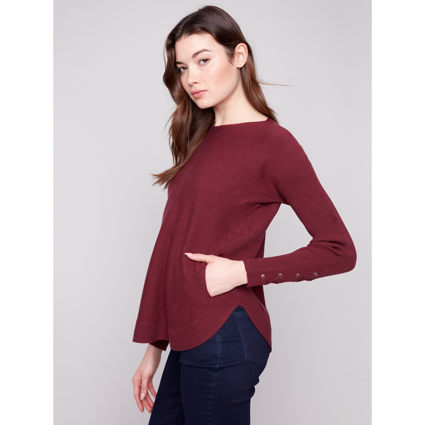 Charlie B Sweater With Criss Cross Sleeve