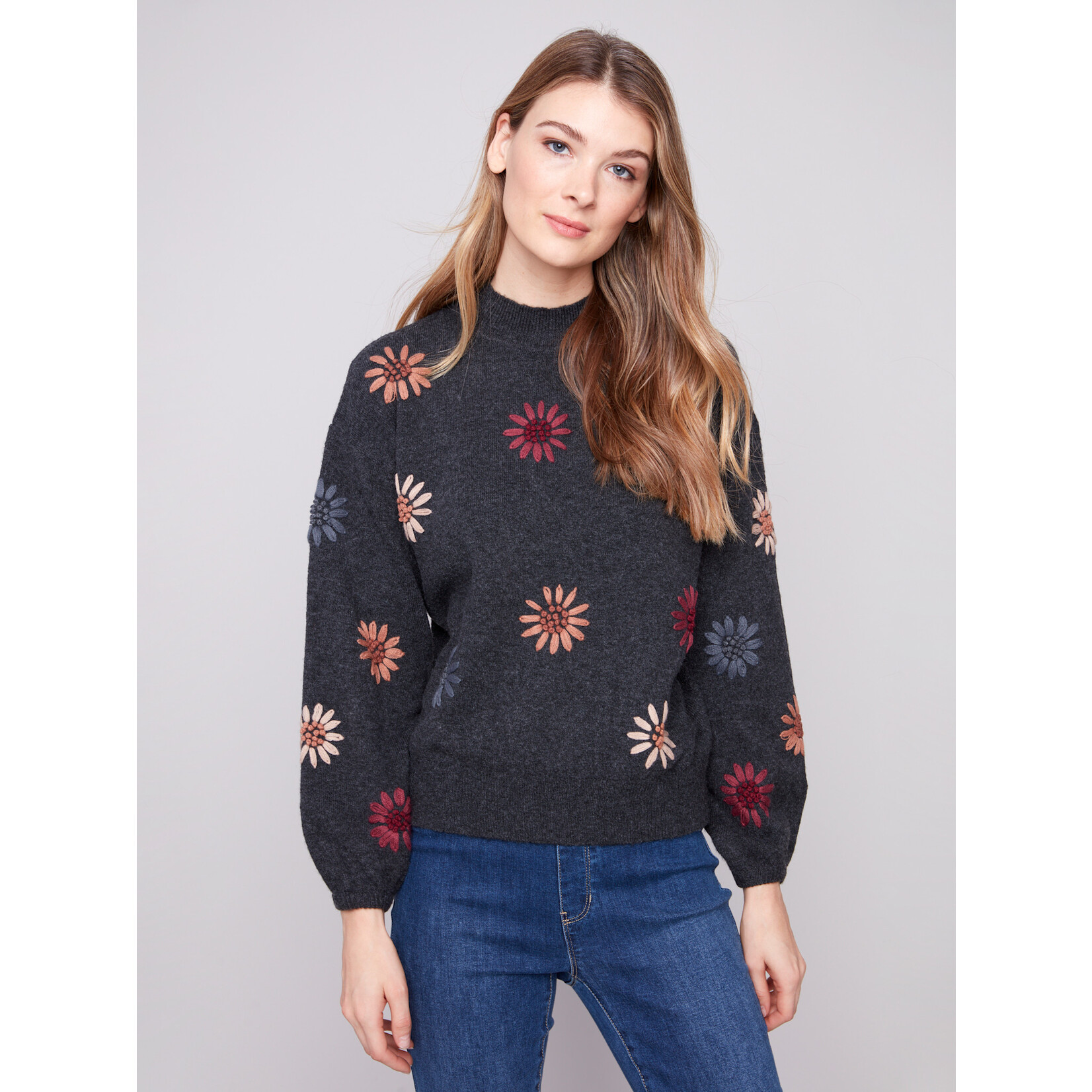 Charlie B Mock Neck Sweater With Embroidery