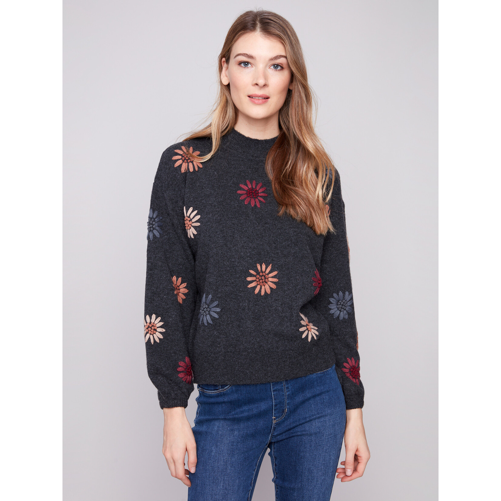 Charlie B Mock Neck Sweater With Embroidery