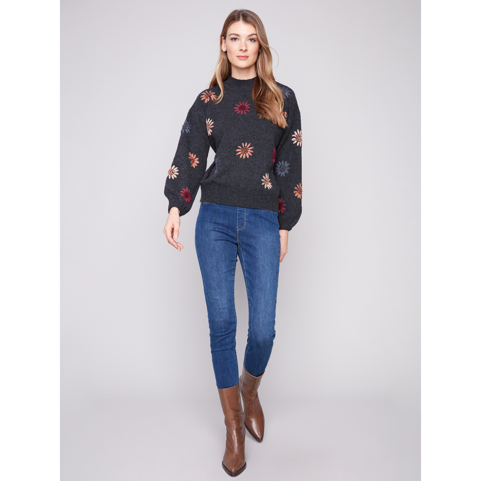 Charlie B Mock Neck Sweater With Embroidery