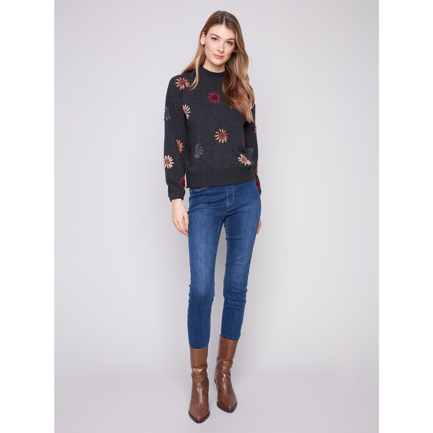Charlie B Mock Neck Sweater With Embroidery