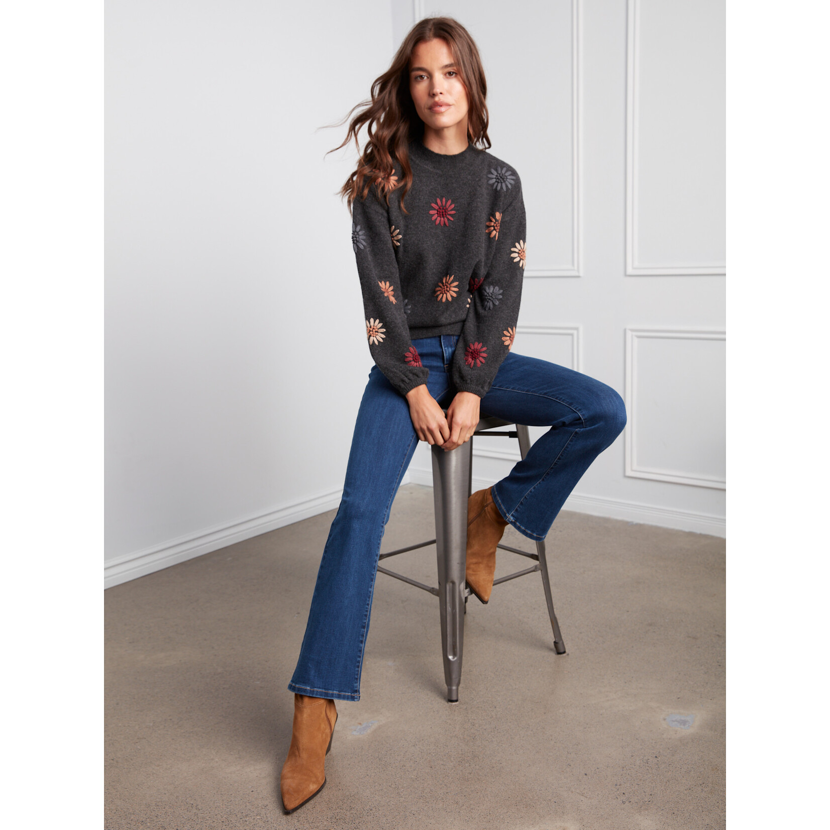 Charlie B Mock Neck Sweater With Embroidery