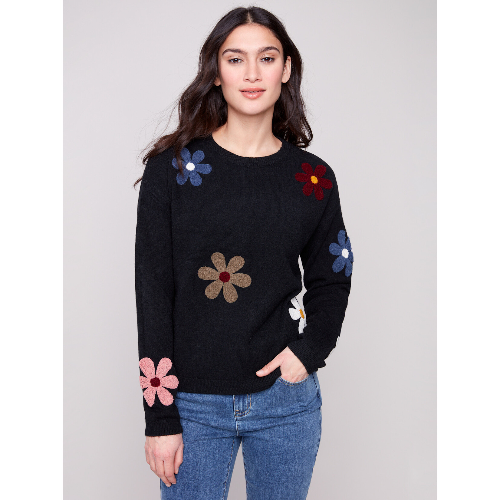 Charlie B Super Plush Sweater With Boucle Flowers