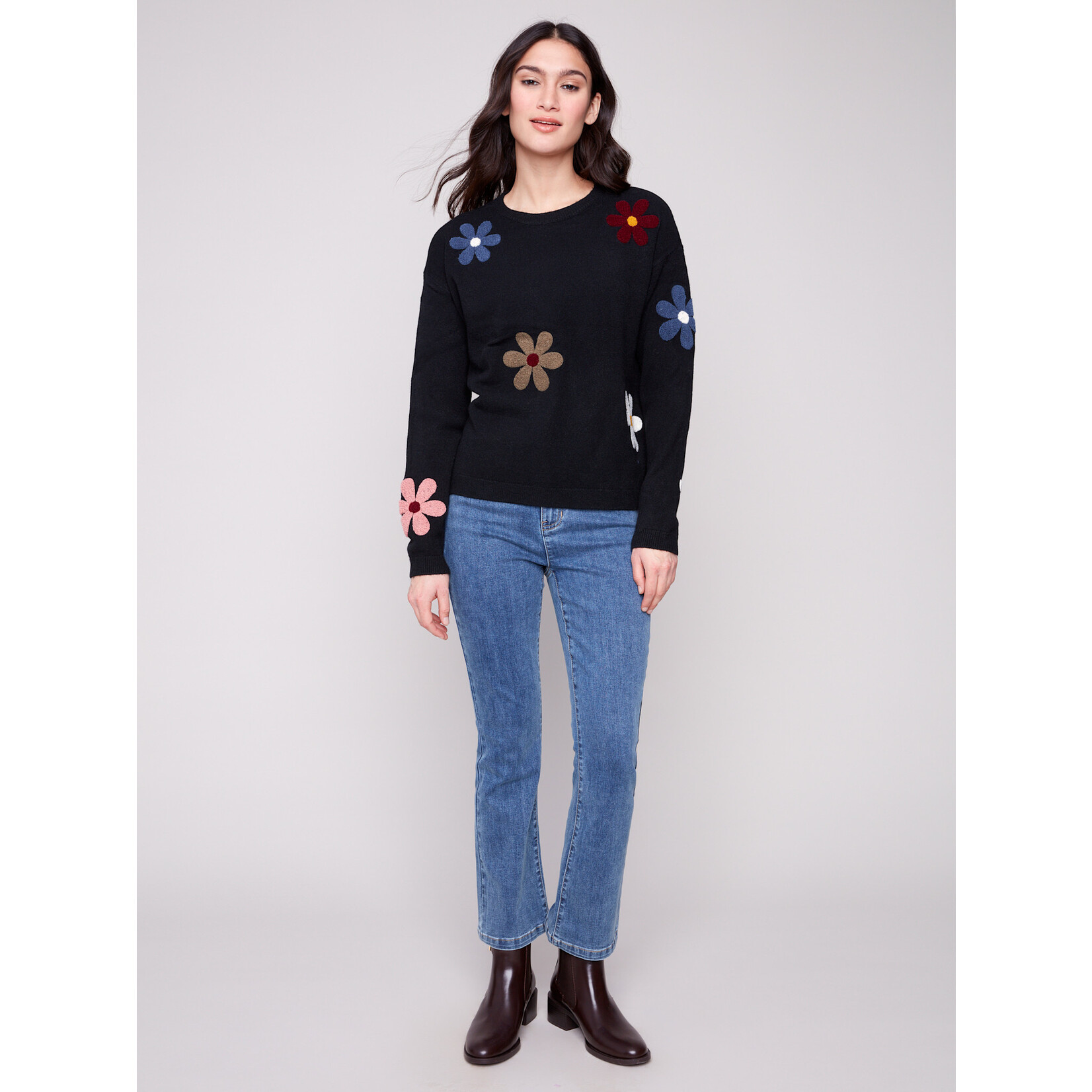 Charlie B Super Plush Sweater With Boucle Flowers