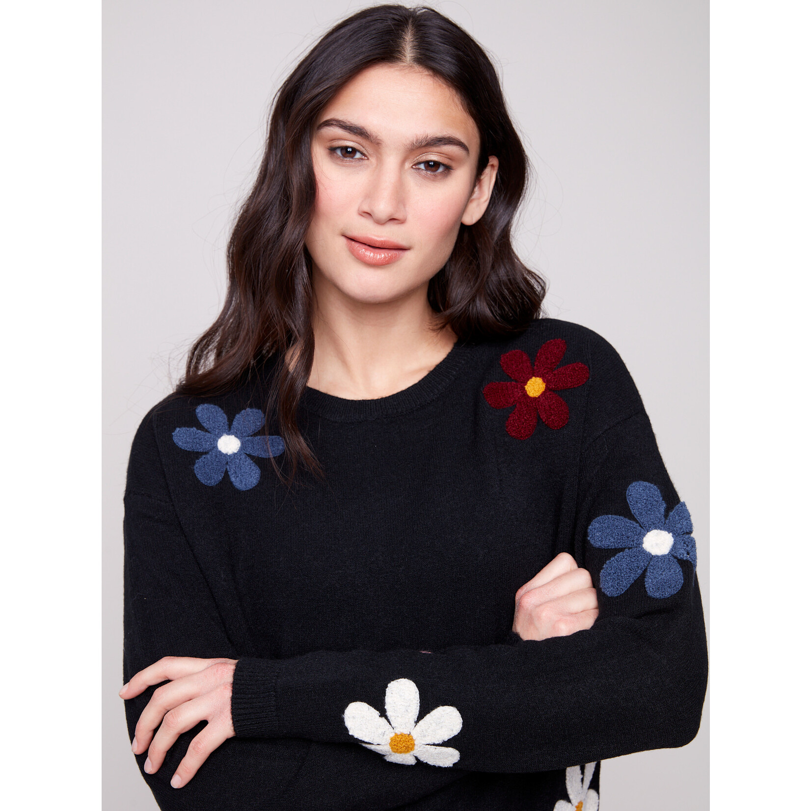 Charlie B Super Plush Sweater With Boucle Flowers