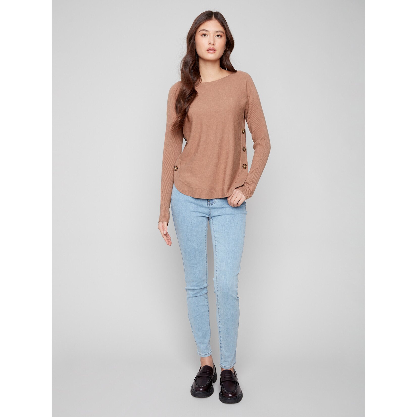 Charlie B Side Button Boat Neck Sweater