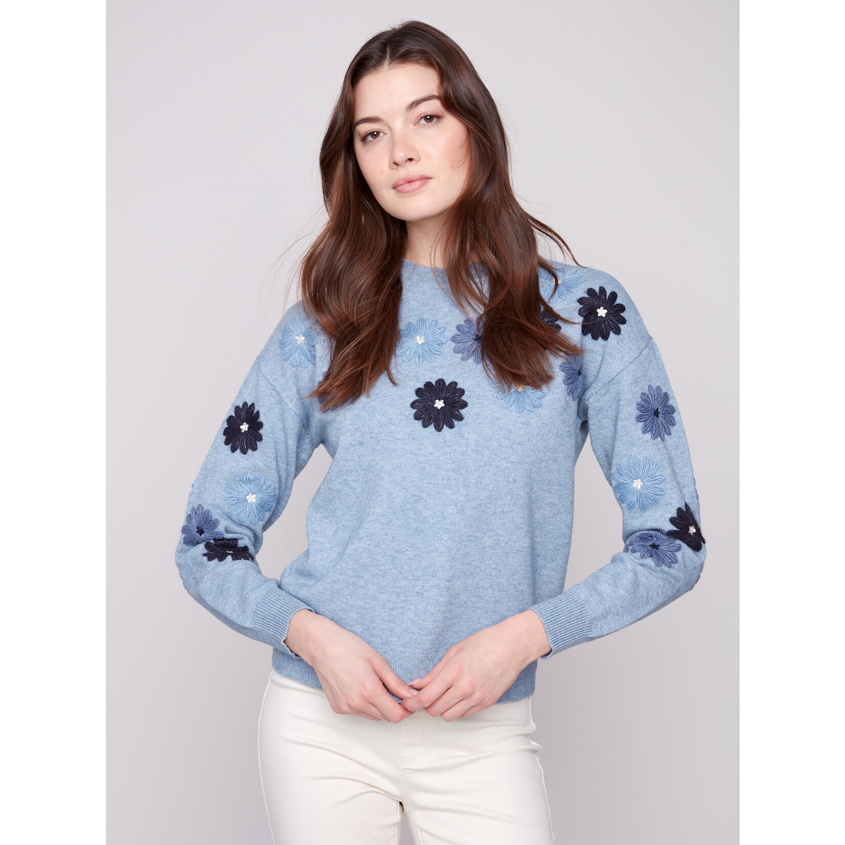 Charlie B Floral Embroidery Crew Neck Sweater
