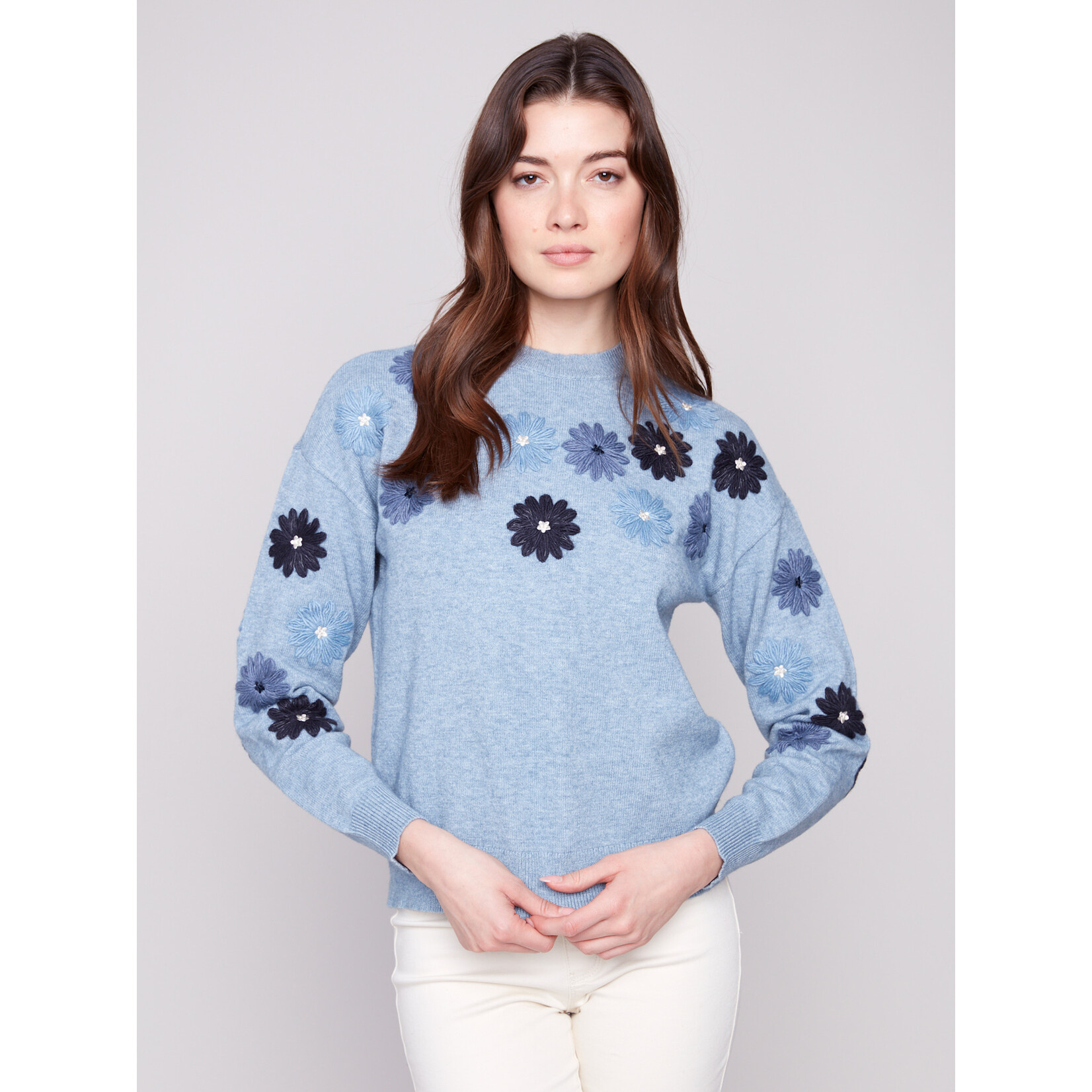 Charlie B Floral Embroidery Crew Neck Sweater