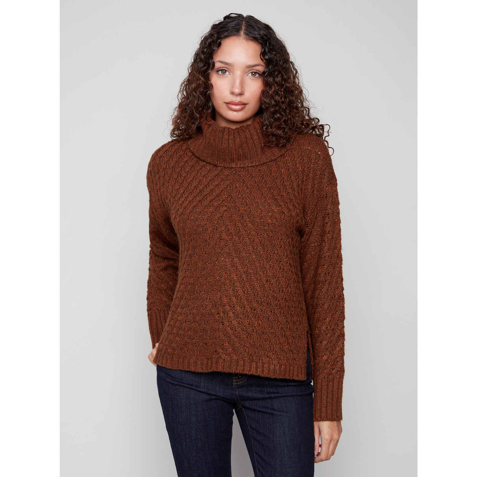Charlie B Cowl Neck Diagonal Cable Sweater
