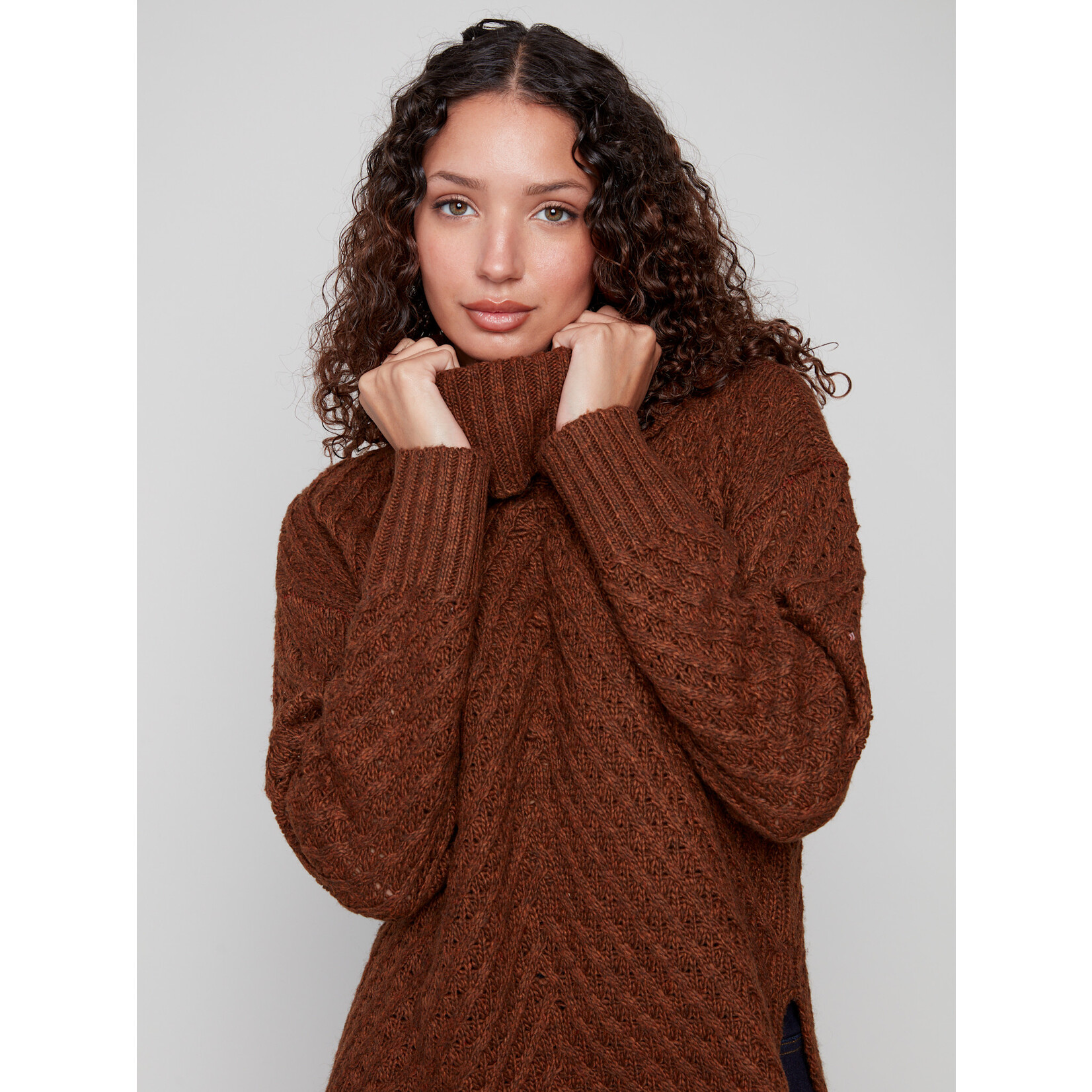 Charlie B Cowl Neck Diagonal Cable Sweater