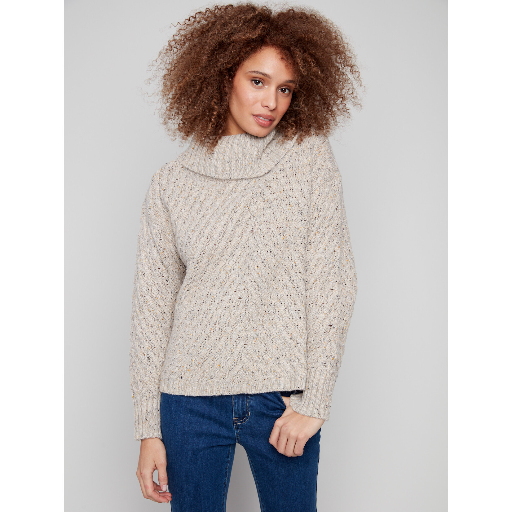 Charlie B Cowl Neck Diagonal Cable Sweater