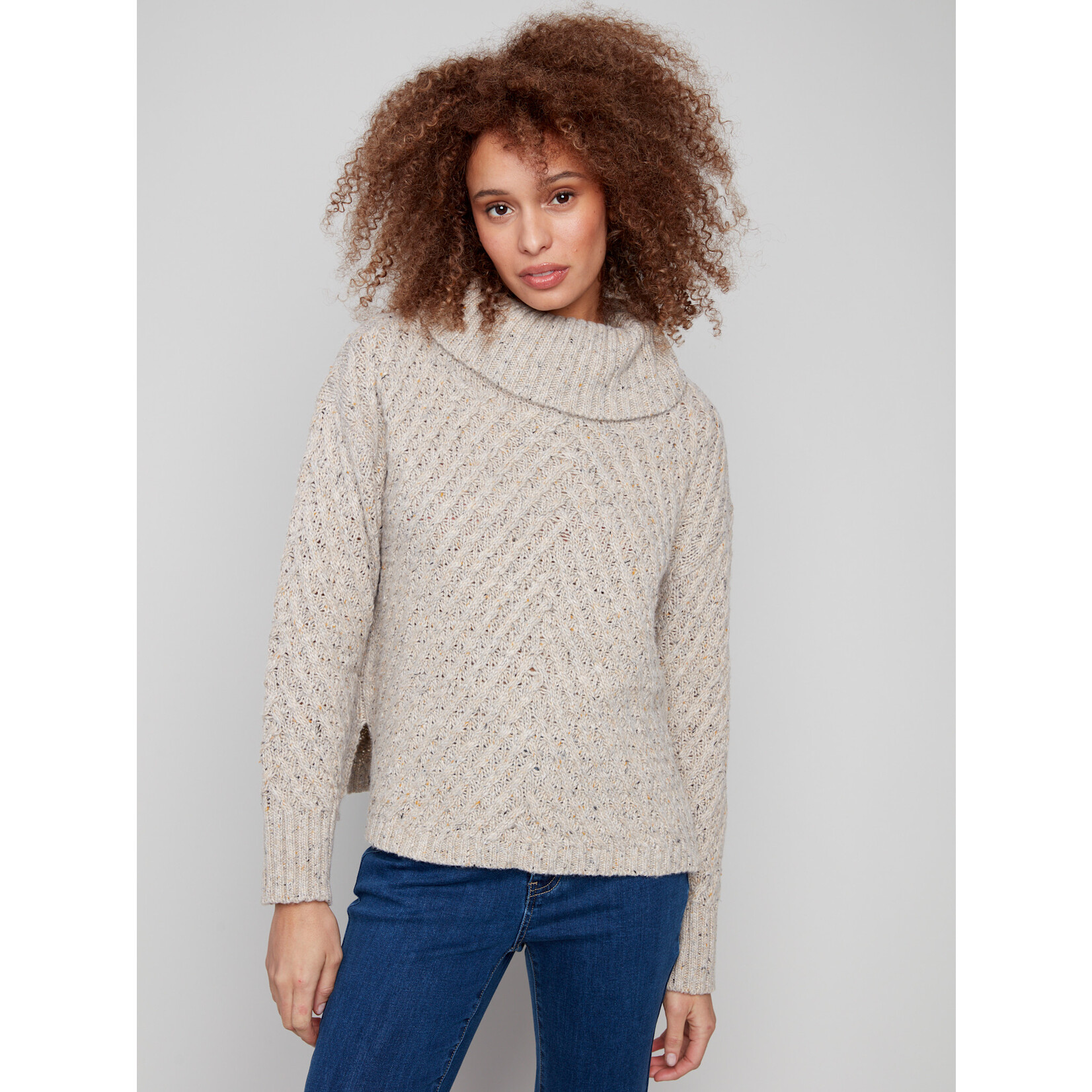 Charlie B Cowl Neck Diagonal Cable Sweater