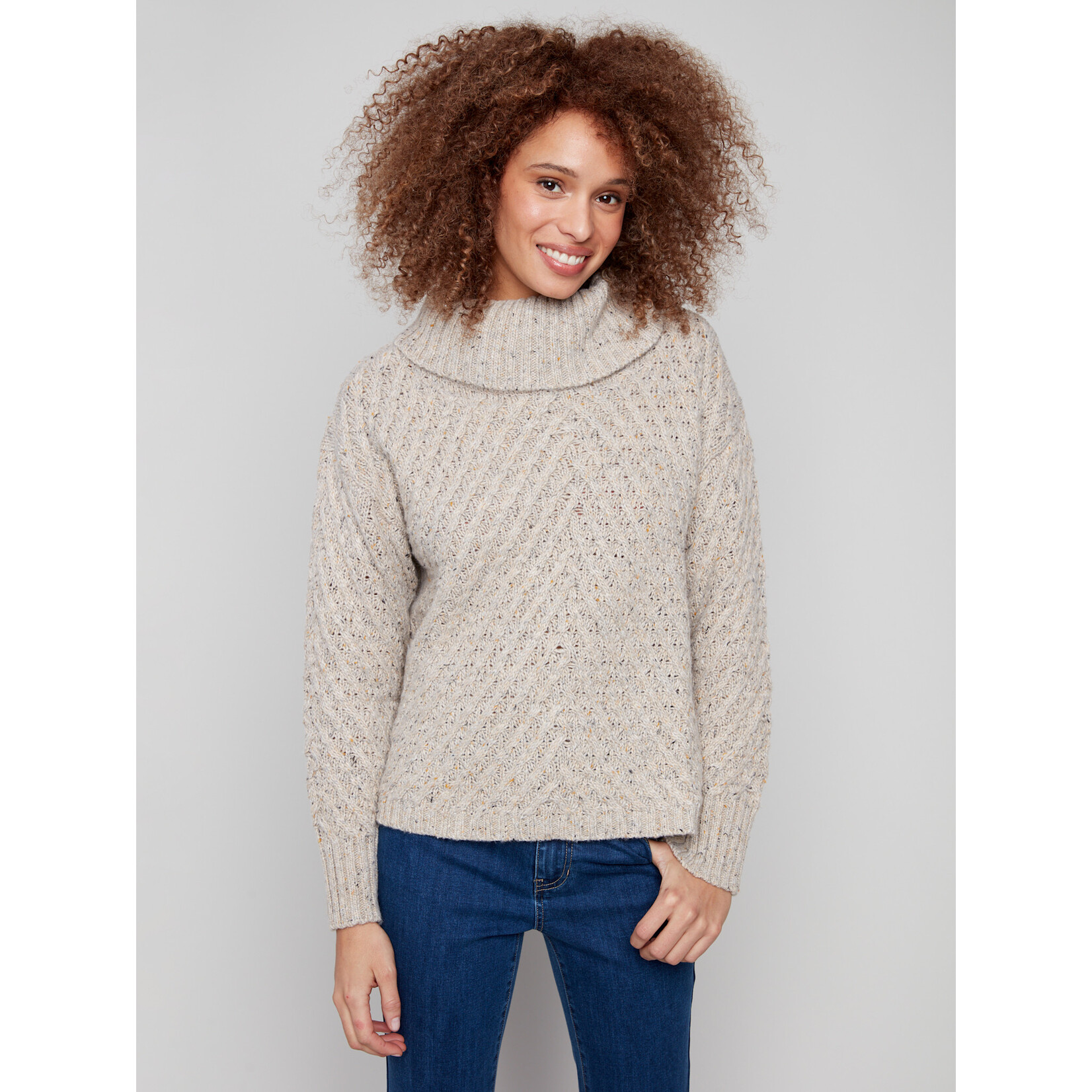 Charlie B Cowl Neck Diagonal Cable Sweater
