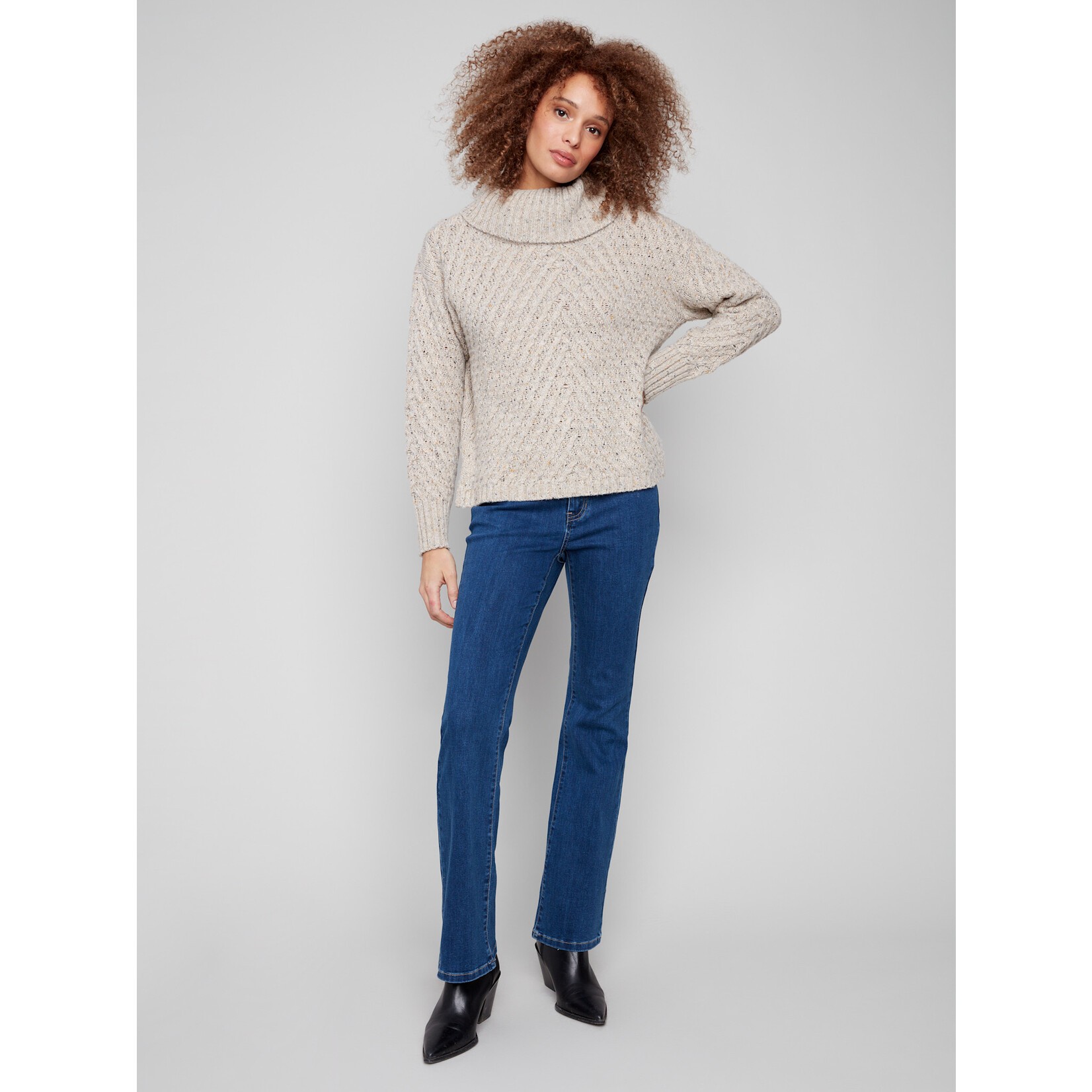 Charlie B Cowl Neck Diagonal Cable Sweater