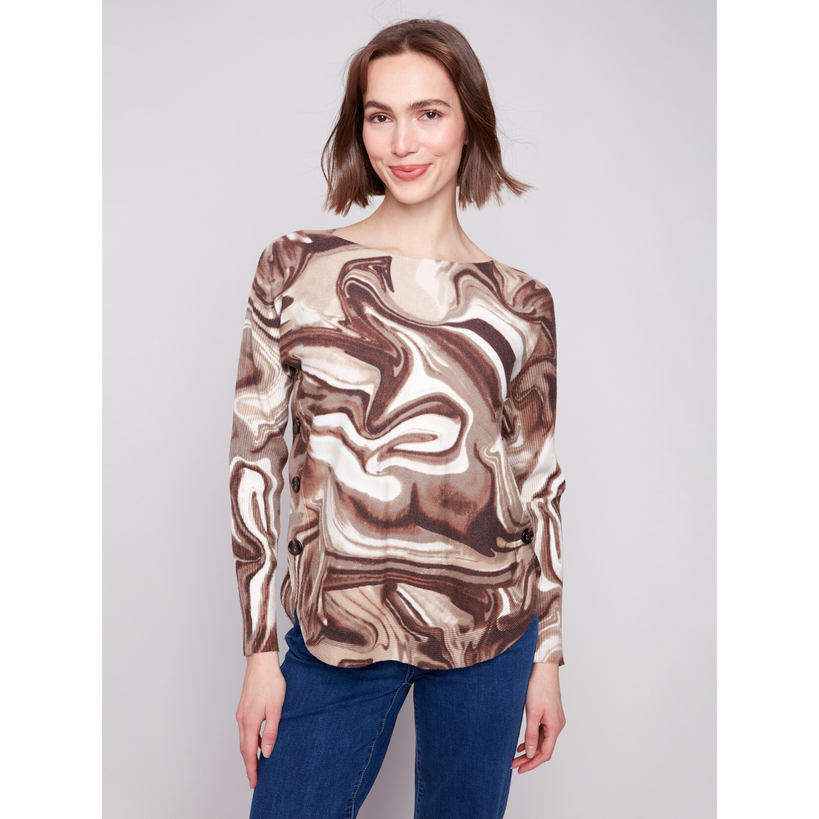 Charlie B Printed Side Button Boat Neck Sweater
