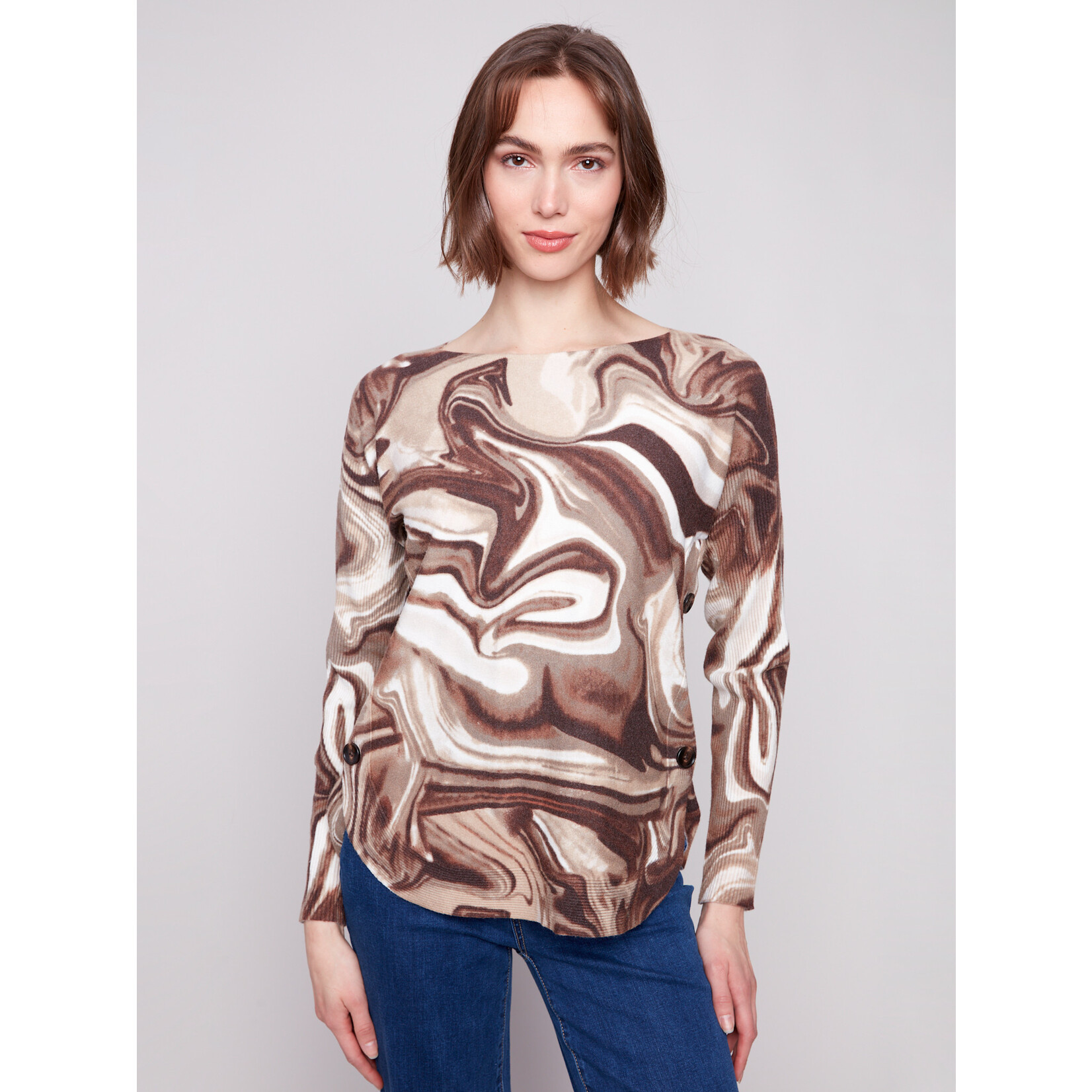 Charlie B Printed Side Button Boat Neck Sweater