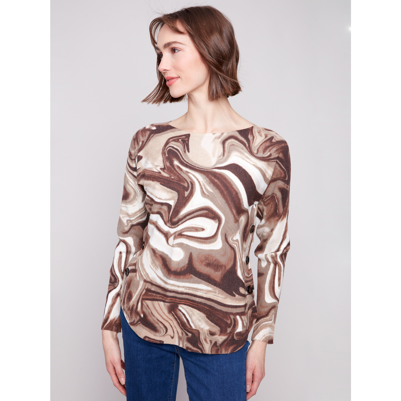 Charlie B Printed Side Button Boat Neck Sweater