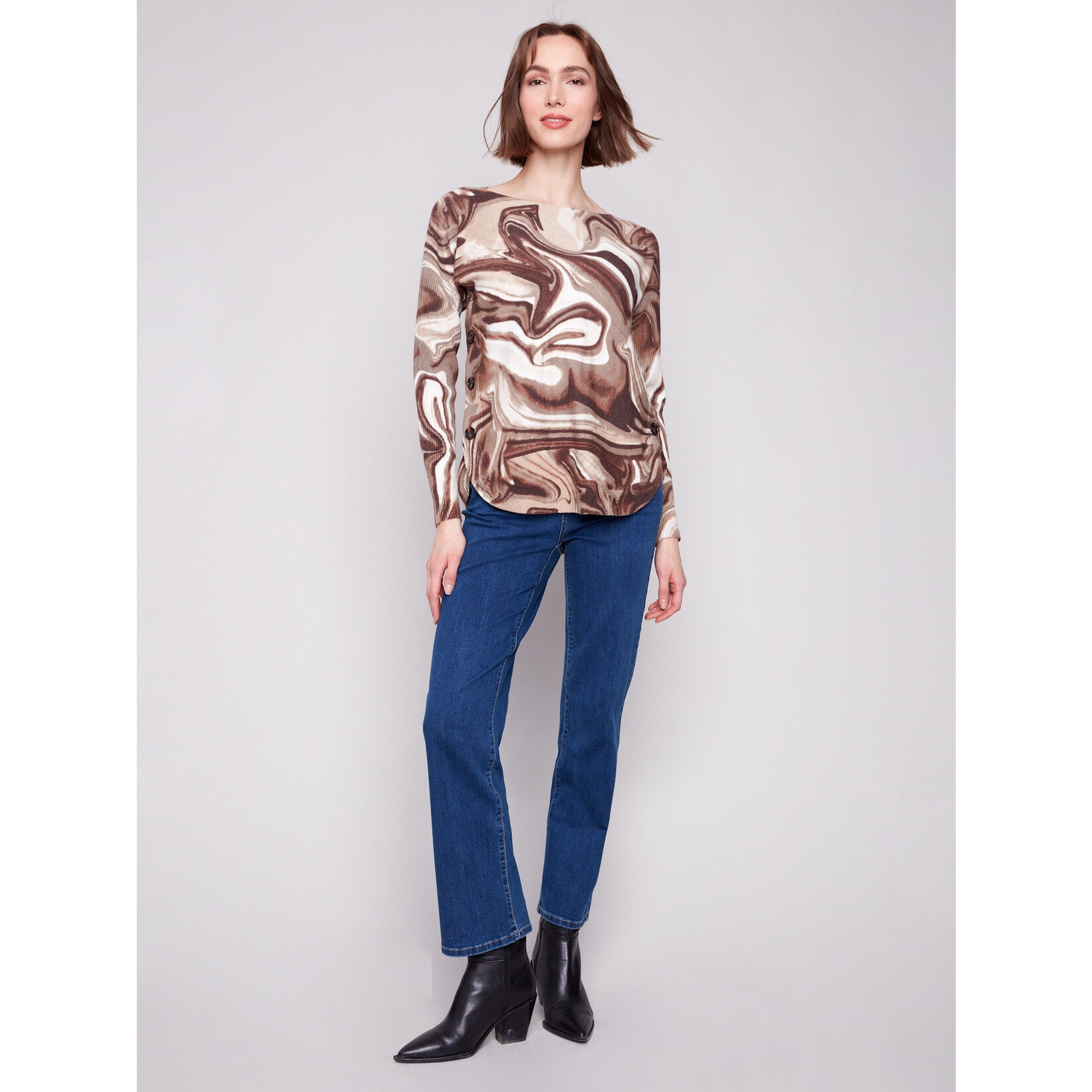 Charlie B Printed Side Button Boat Neck Sweater