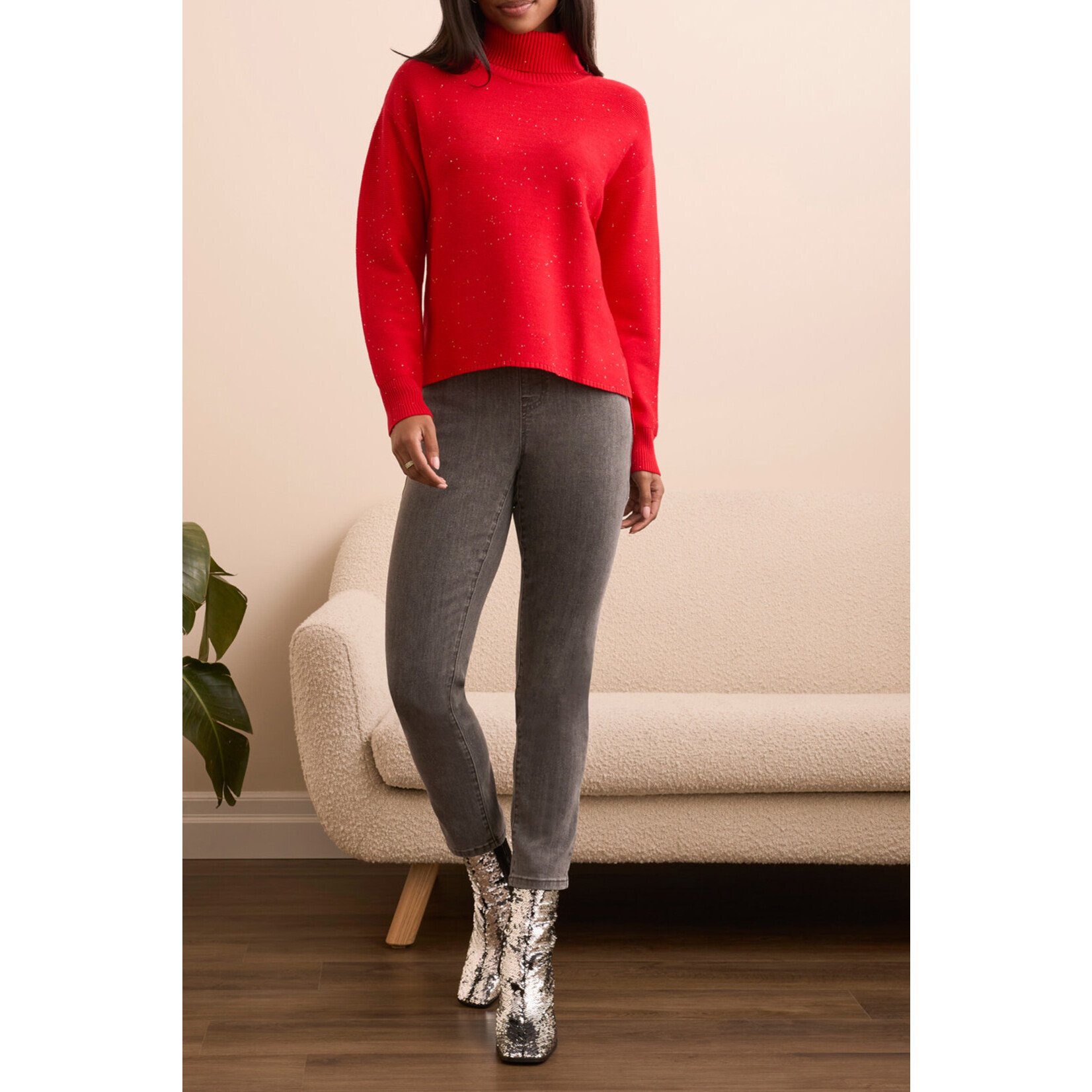 Tribal Turtleneck High Low Sweater With Side Slits