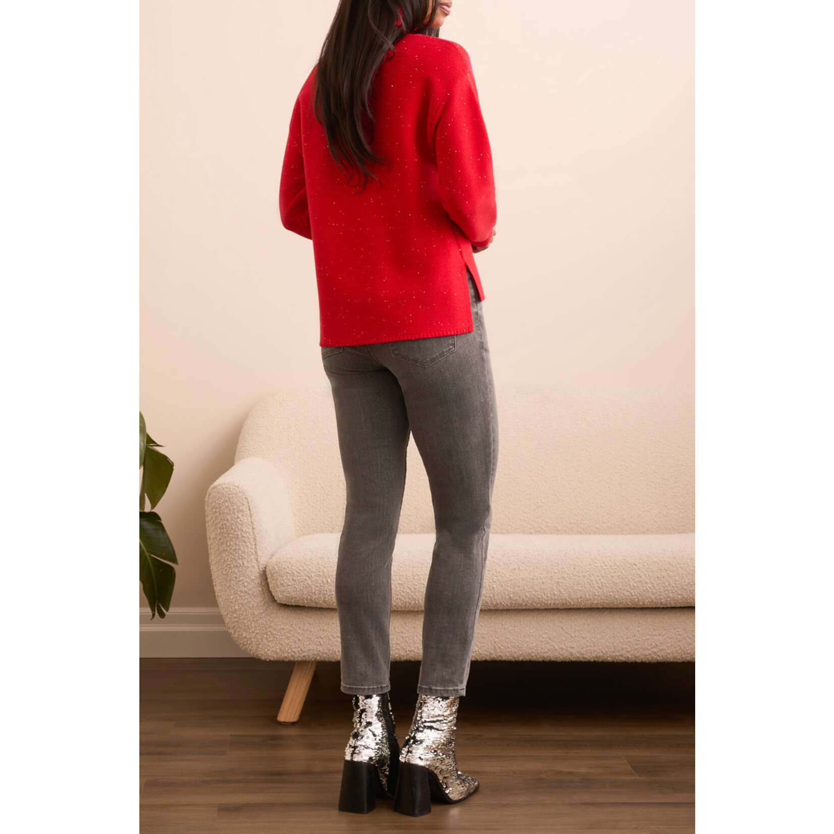 Tribal Turtleneck High Low Sweater With Side Slits